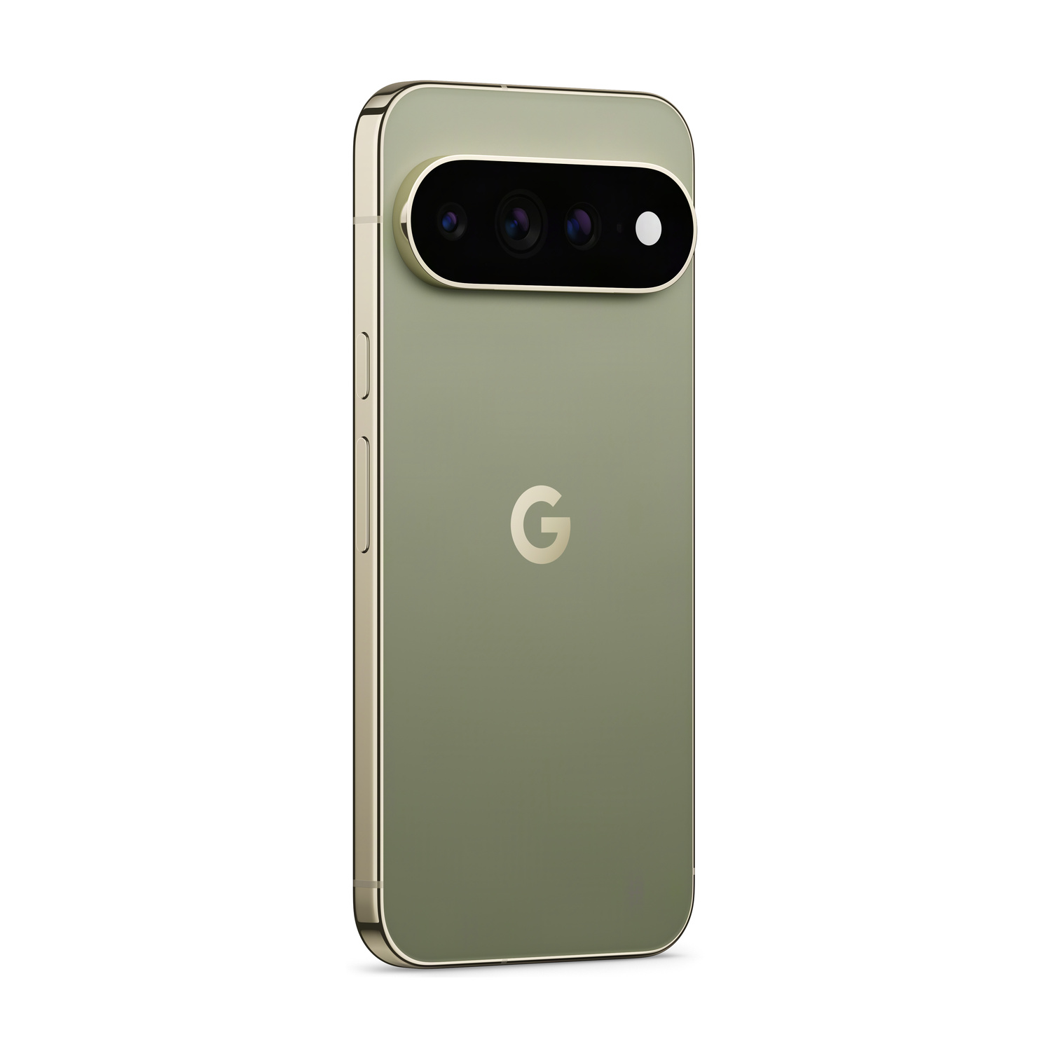 Un telefono Google Pixel verde con cornice dorata e tre fotocamere posteriori.