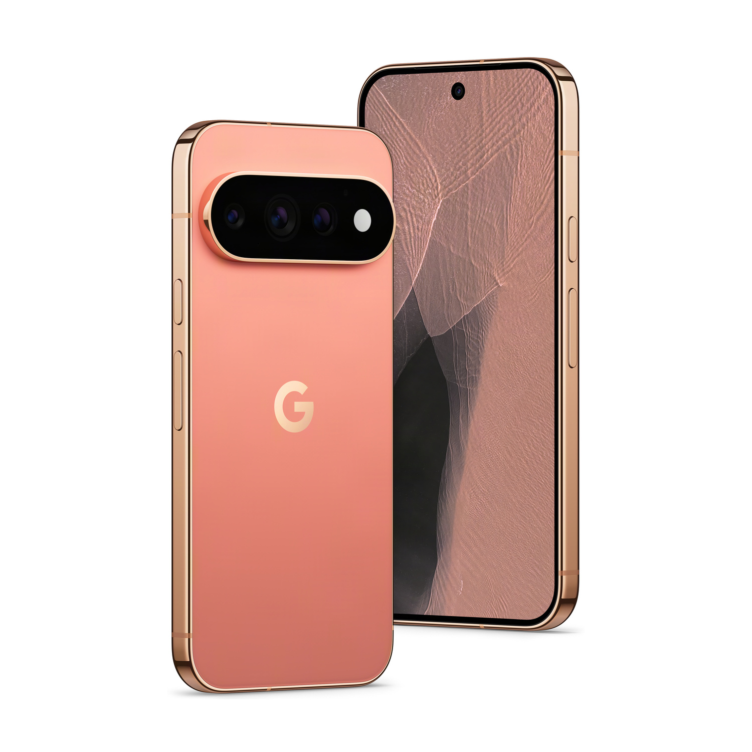 Due smartphone corallo con bordi dorati, uno mostra fotocamera/logo G, l'altro schermo.