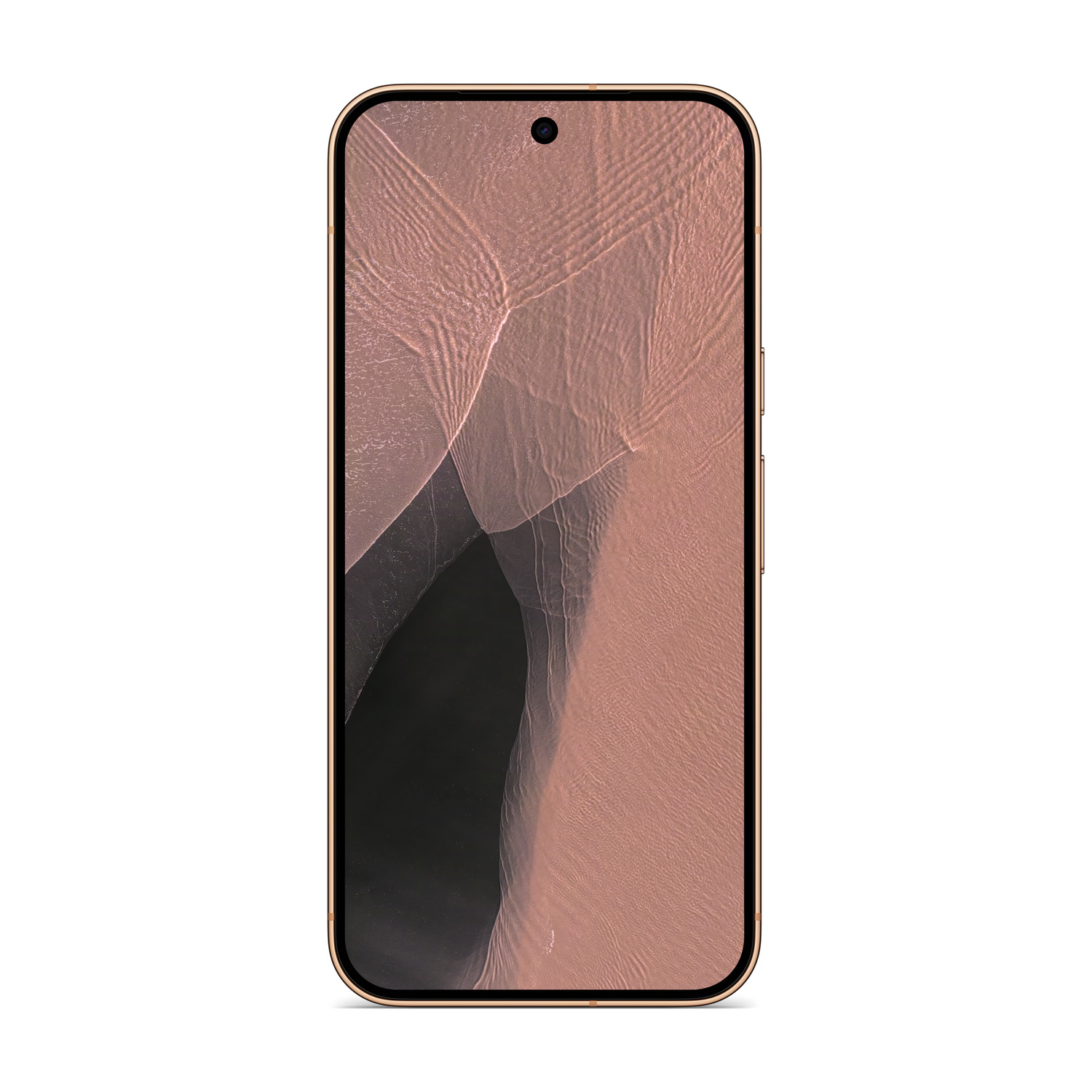 Smartphone dorato con sfondo astratto rosa e foro per fotocamera frontale.