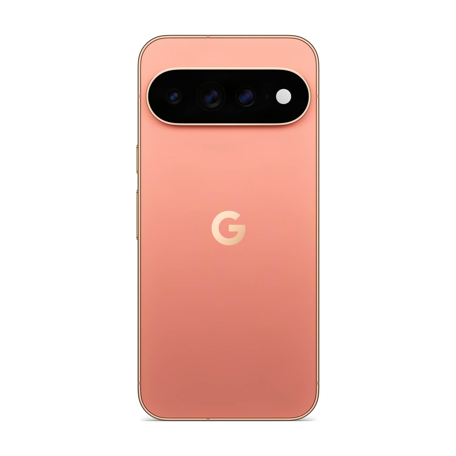 Un Google Pixel 7 Pro color corallo con cornice dorata su sfondo bianco.