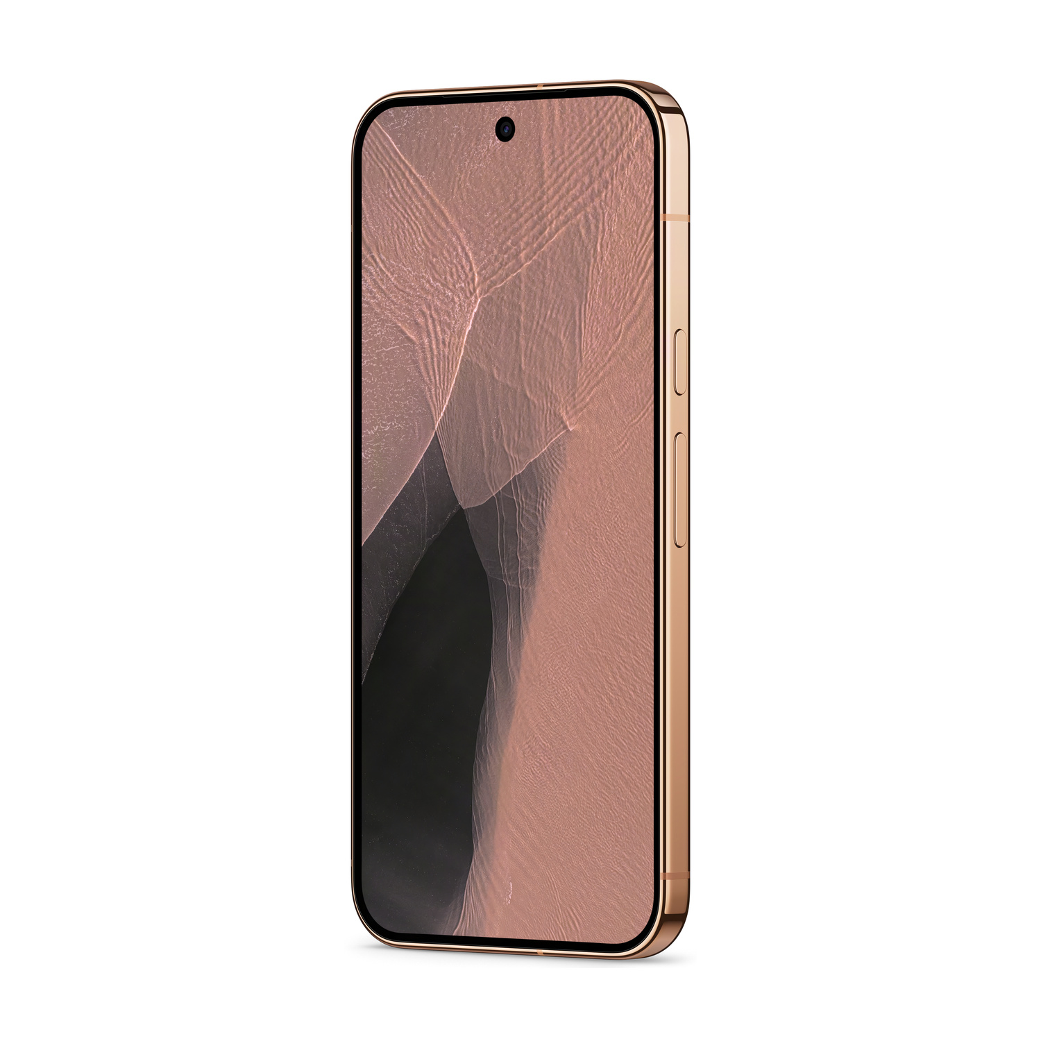 Uno smartphone dorato con uno sfondo astratto rosa sullo schermo.