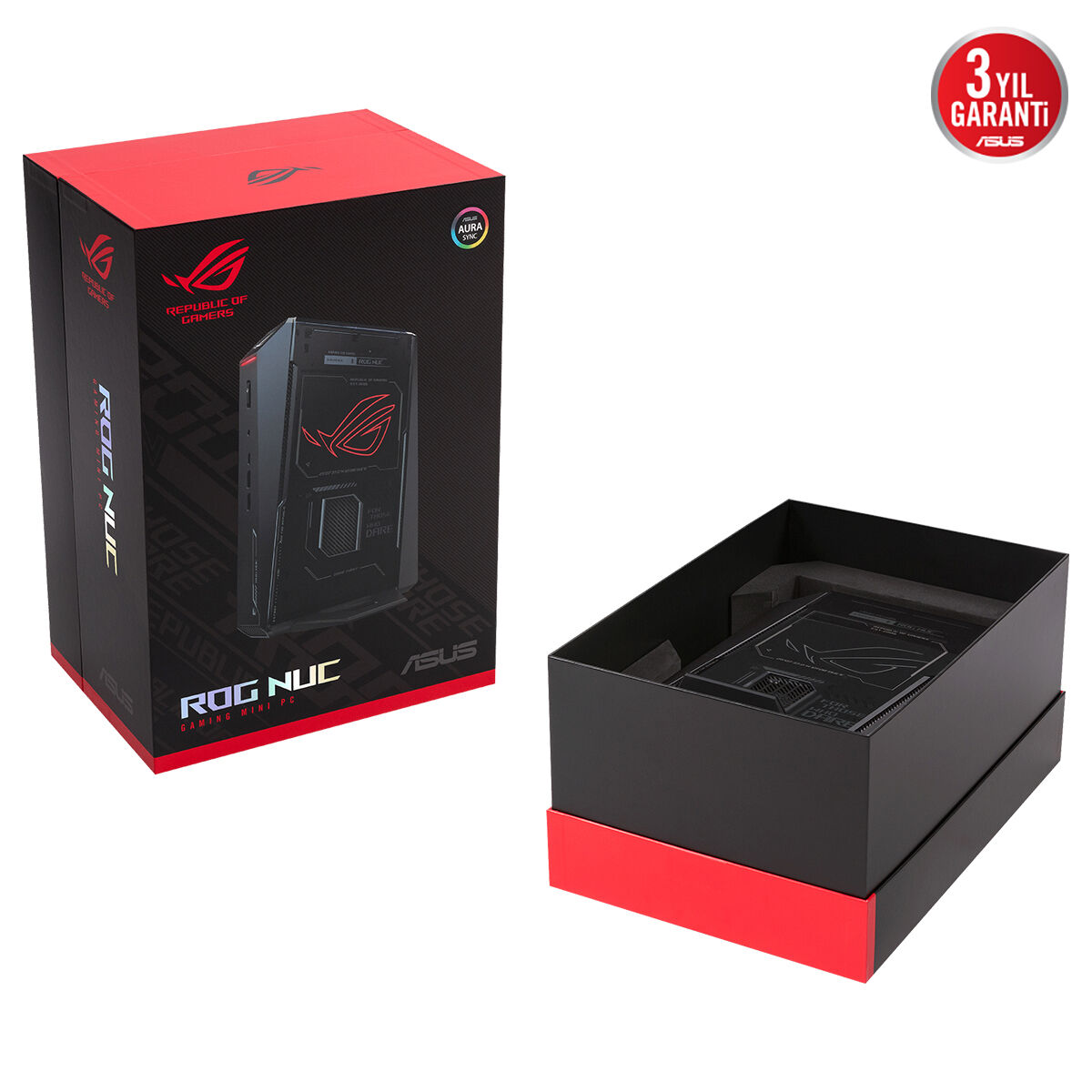 Kırmızı vurgulu siyah ROG NUC Gaming Mini PC kutusu. Açık kutu da gösterilmektedir.