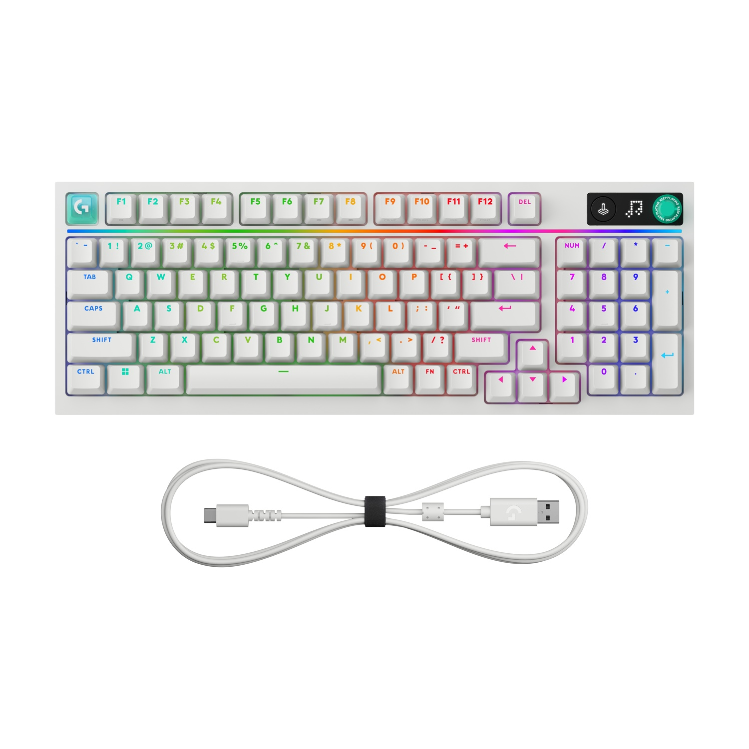 Una tastiera bianca con illuminazione RGB e un cavo USB-C bianco.