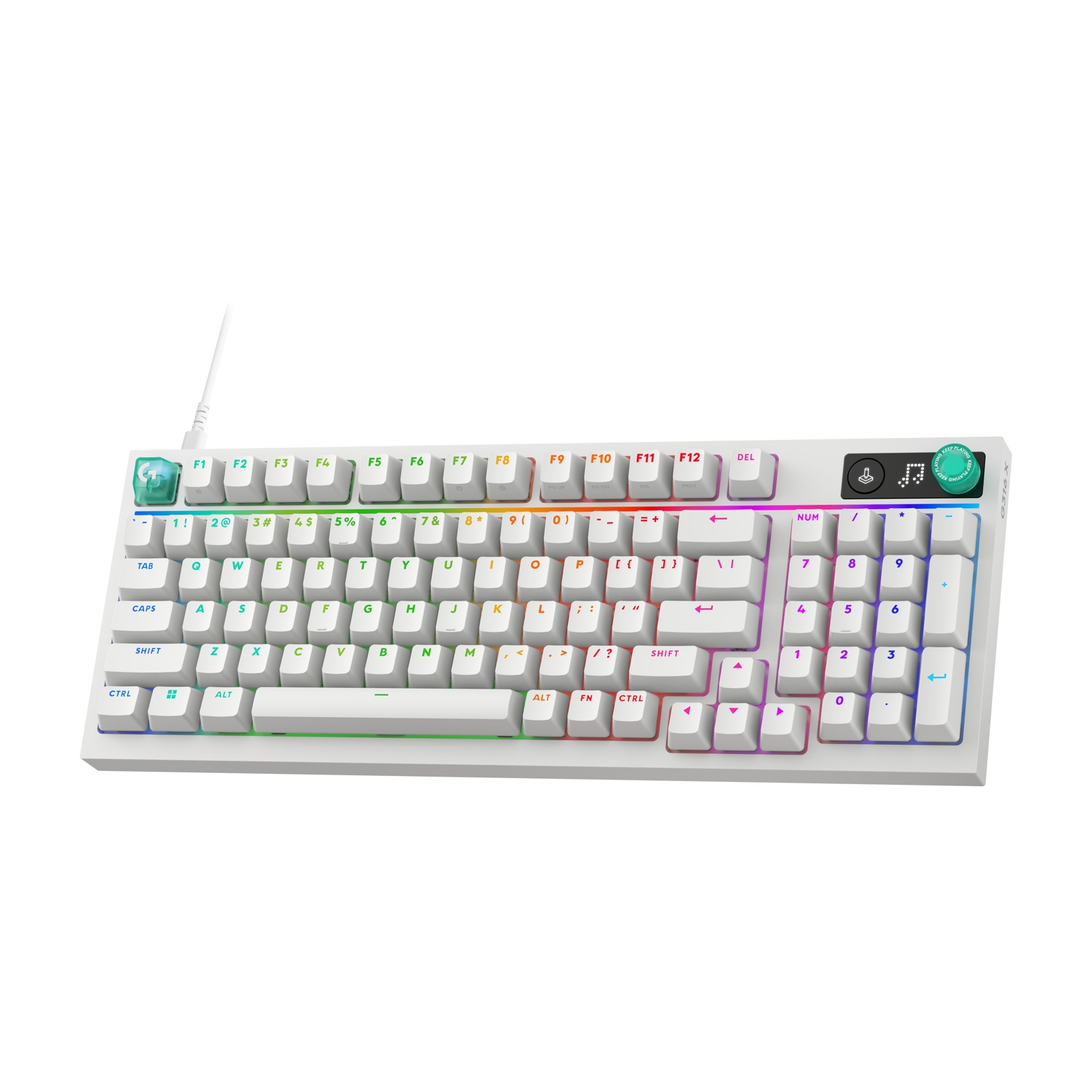 Tastiera bianca con illuminazione RGB e tastierino numerico.