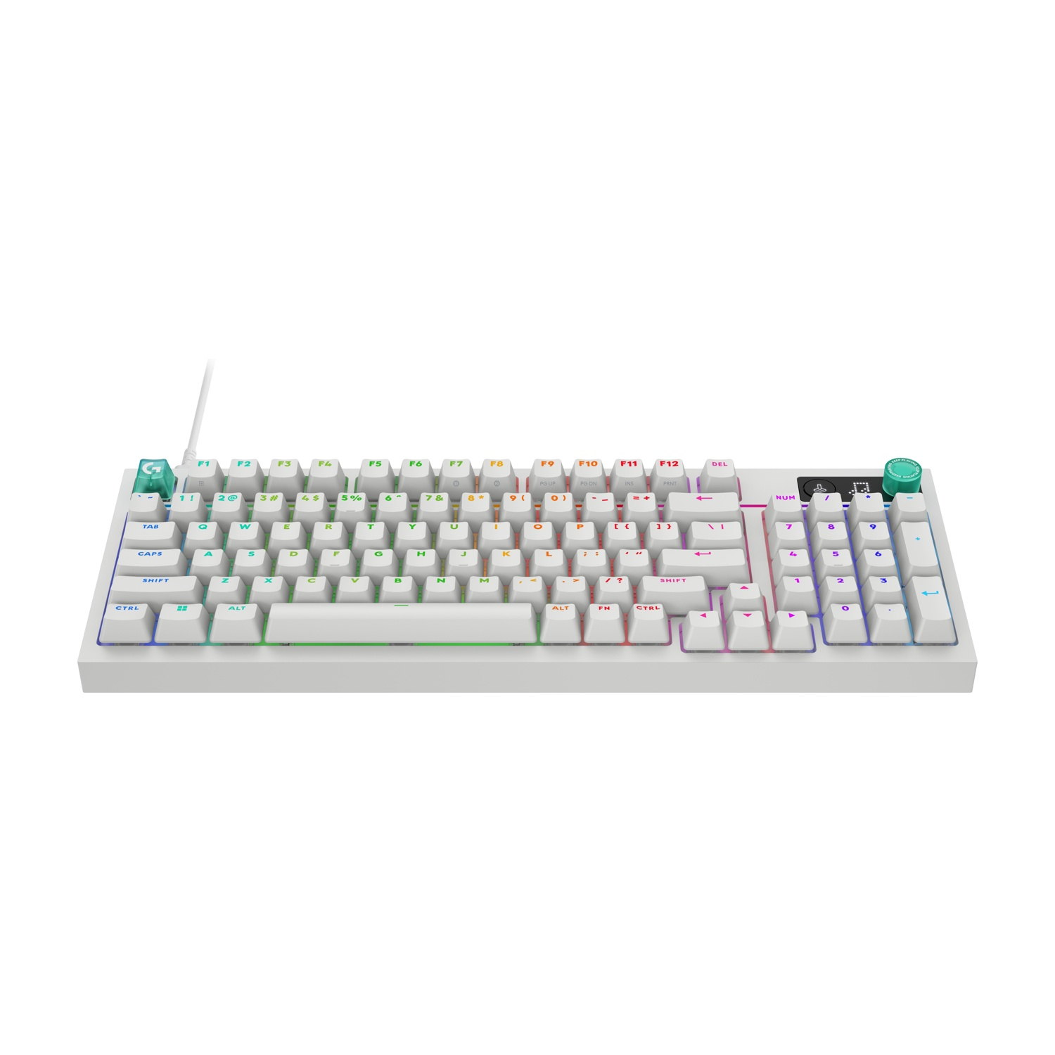 Una tastiera meccanica bianca con illuminazione RGB e cavo a spirale.