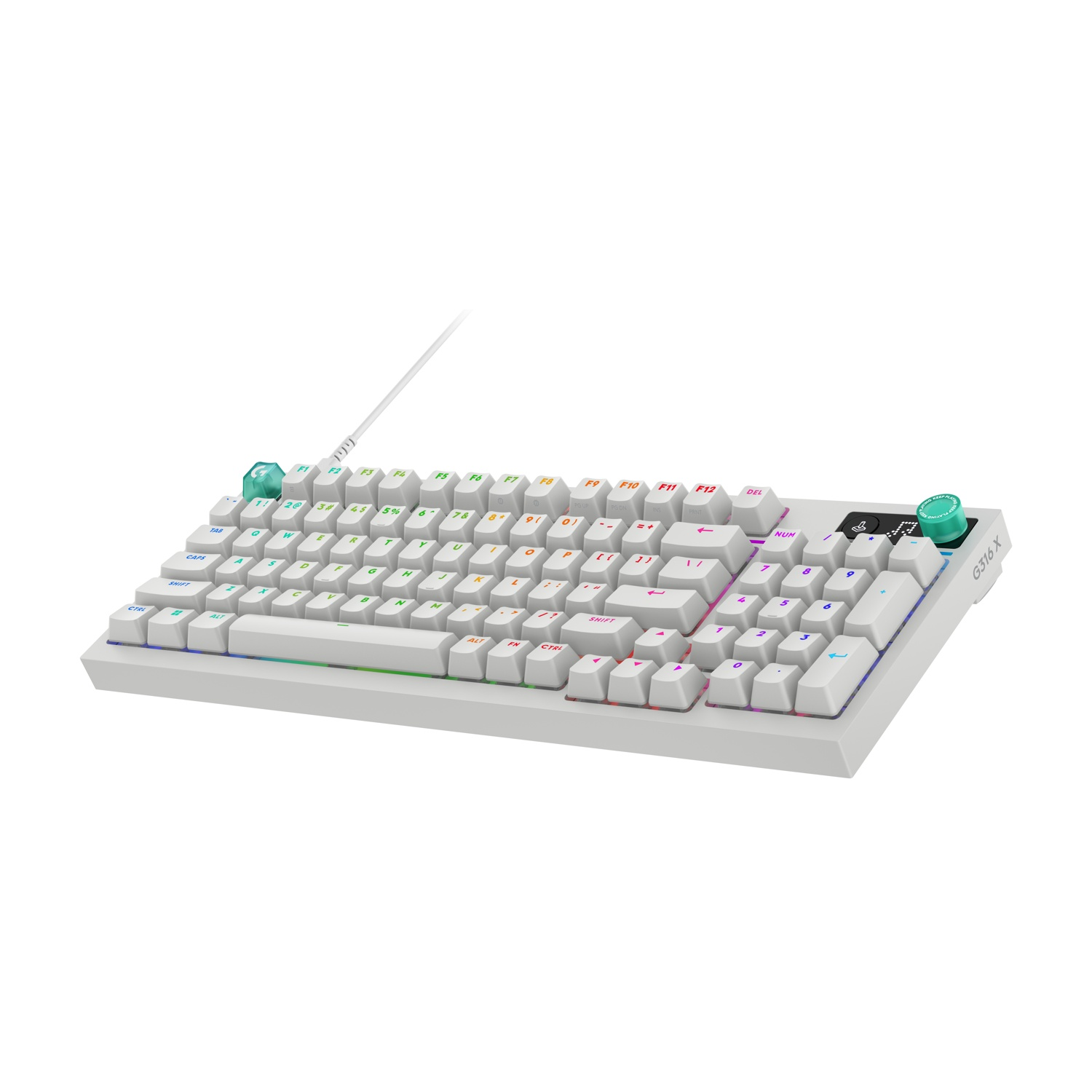Una tastiera bianca con illuminazione RGB e due manopole rotanti.
