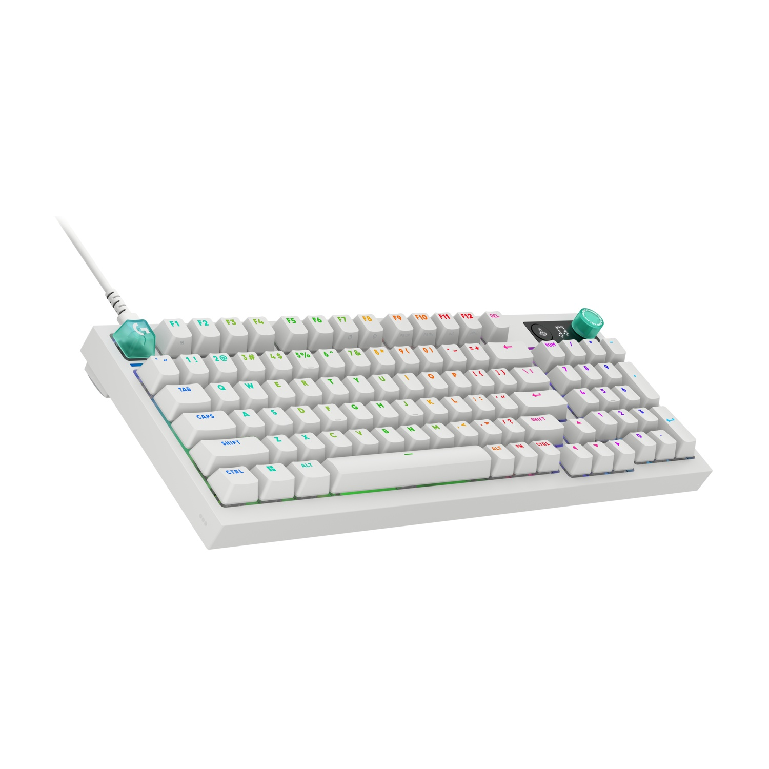 Tastiera meccanica bianca con illuminazione RGB e manopola girevole verde. Isolato su bianco.
