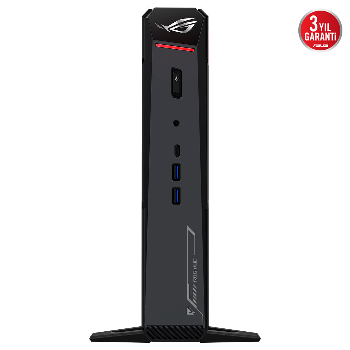 Güç düğmesi ve USB bağlantı noktalarına sahip siyah ASUS ROG NUC bilgisayar kasası.