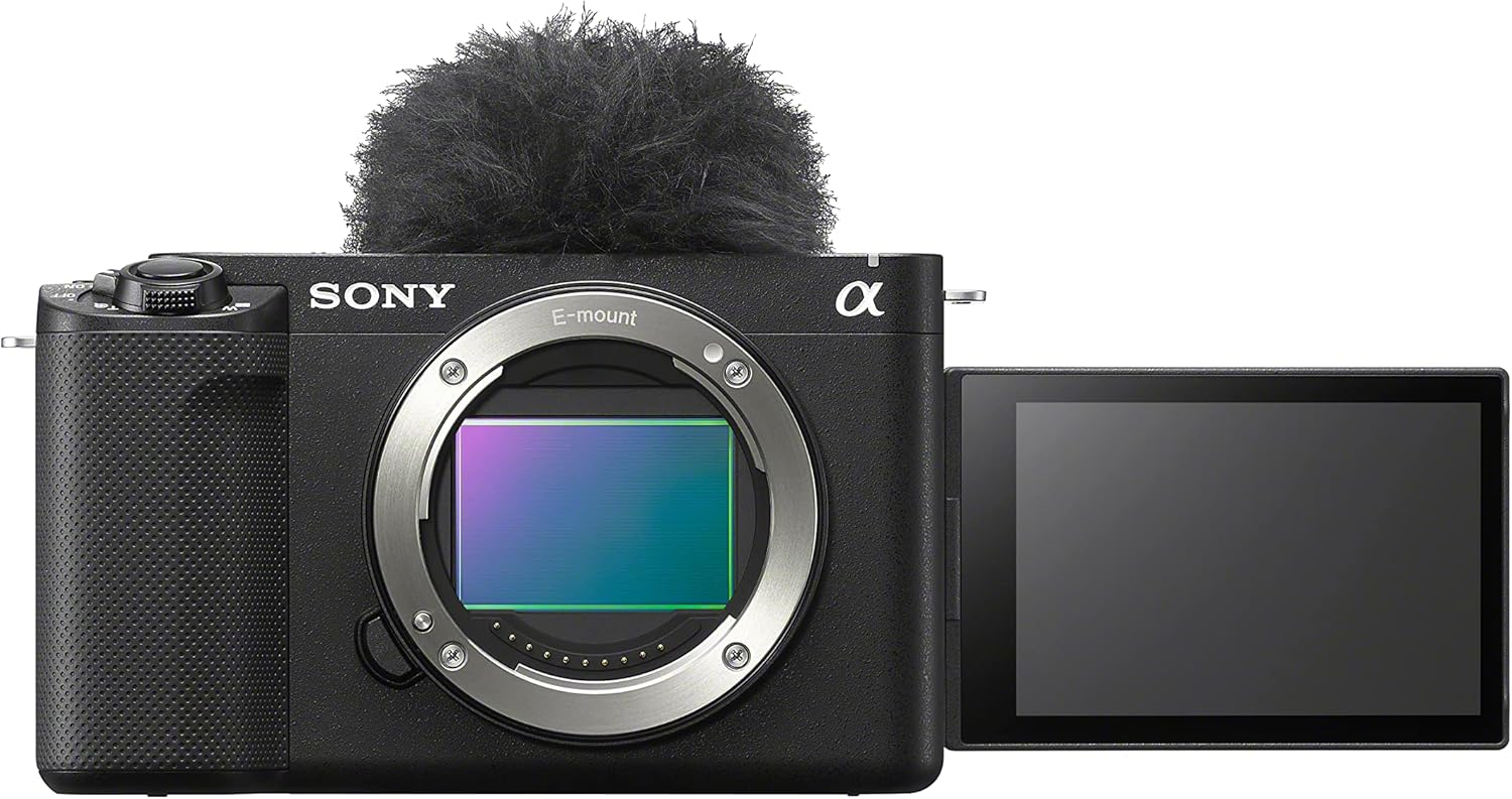 Sony Alpha kamera, mikrofonlu ve açılır ekranlı.