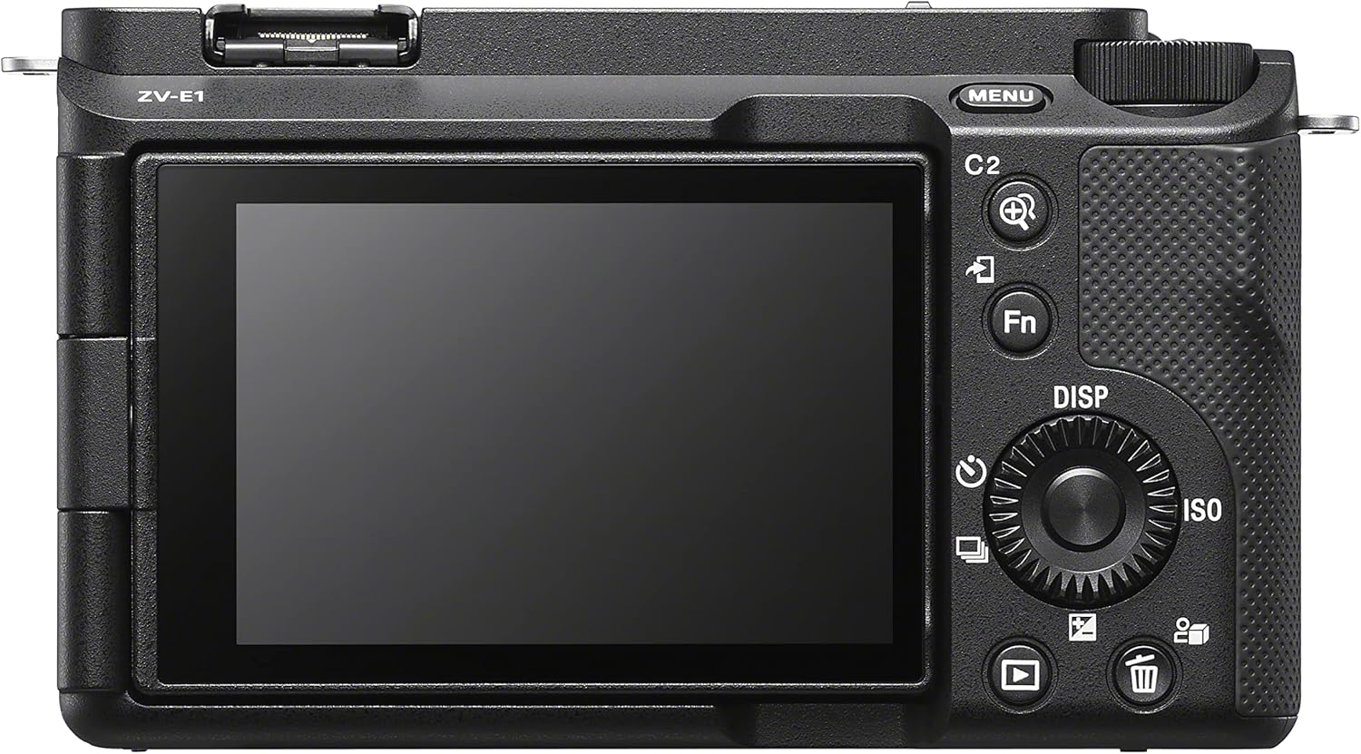 Büyük ekranlı ve çeşitli düğmeli siyah Sony ZV-E1 kameranın arka görünümü.
