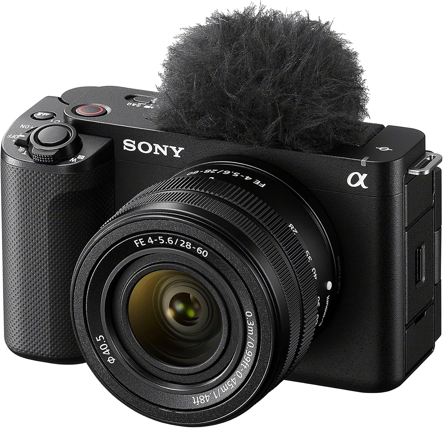 Siyah Sony kamera, lens ve mikrofon rüzgar koruyucusu ile.