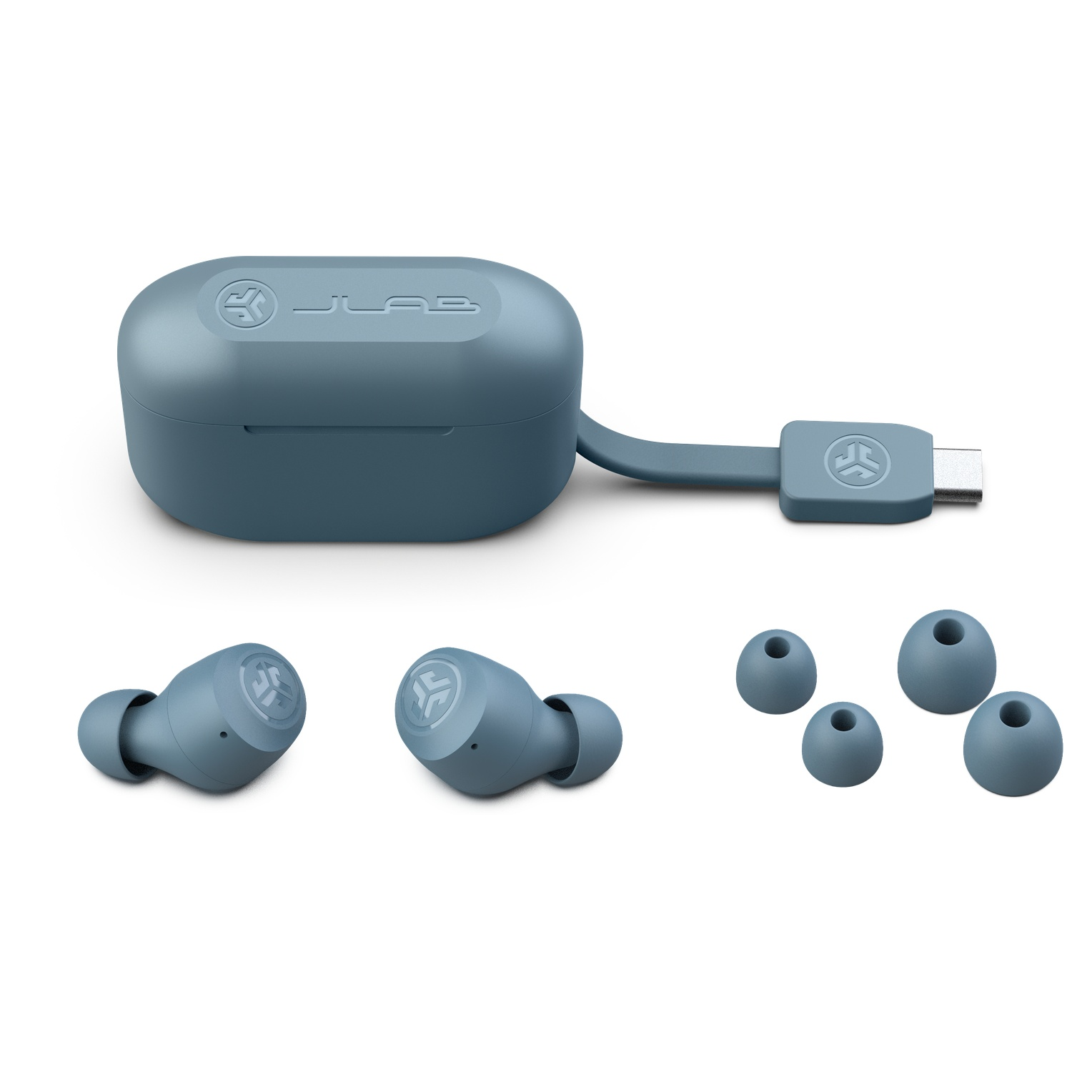 Écouteurs sans fil bleus avec étui de chargement, câble USB-C et embouts.