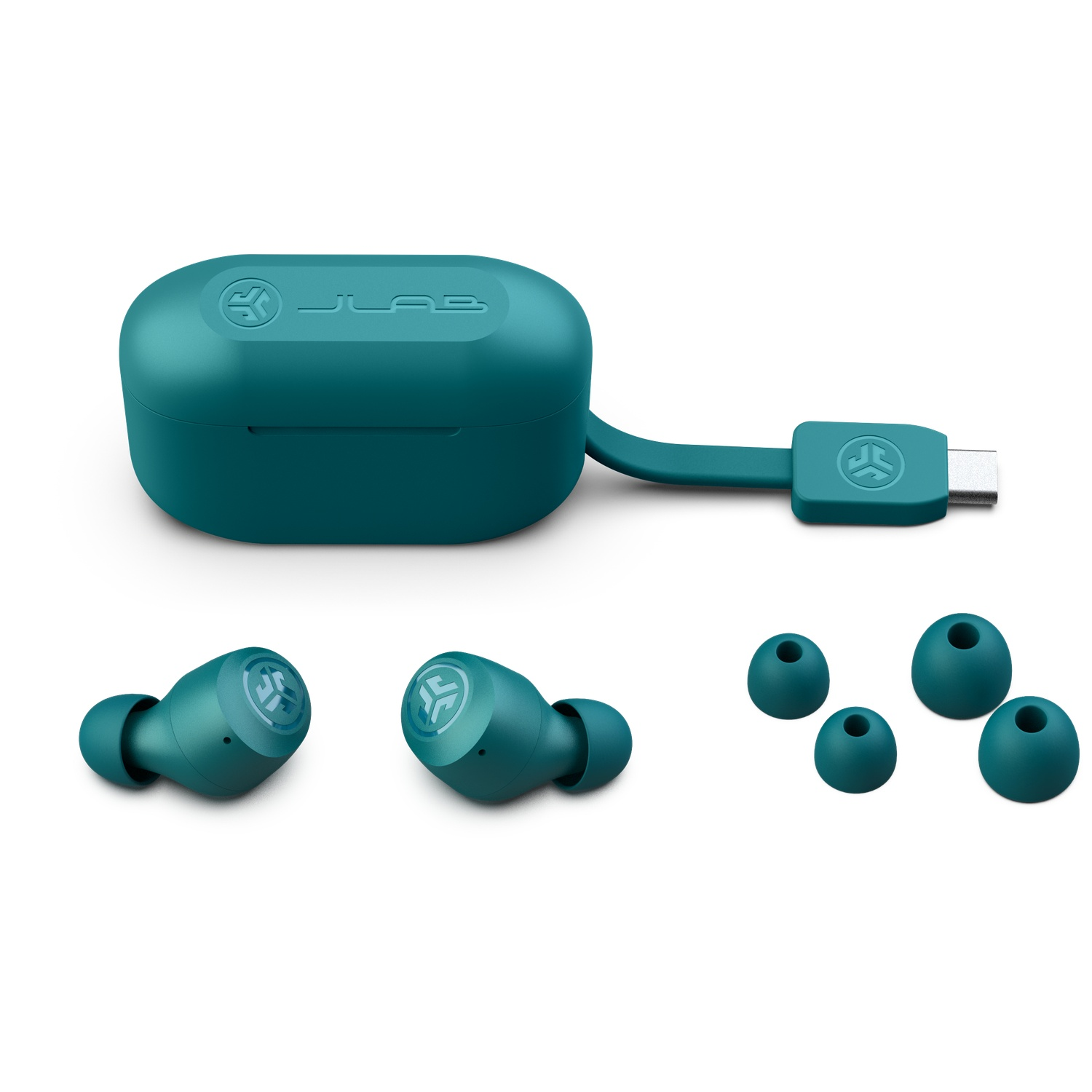 Écouteurs et étui bleu sarcelle avec USB-C. Comprend des embouts supplémentaires.