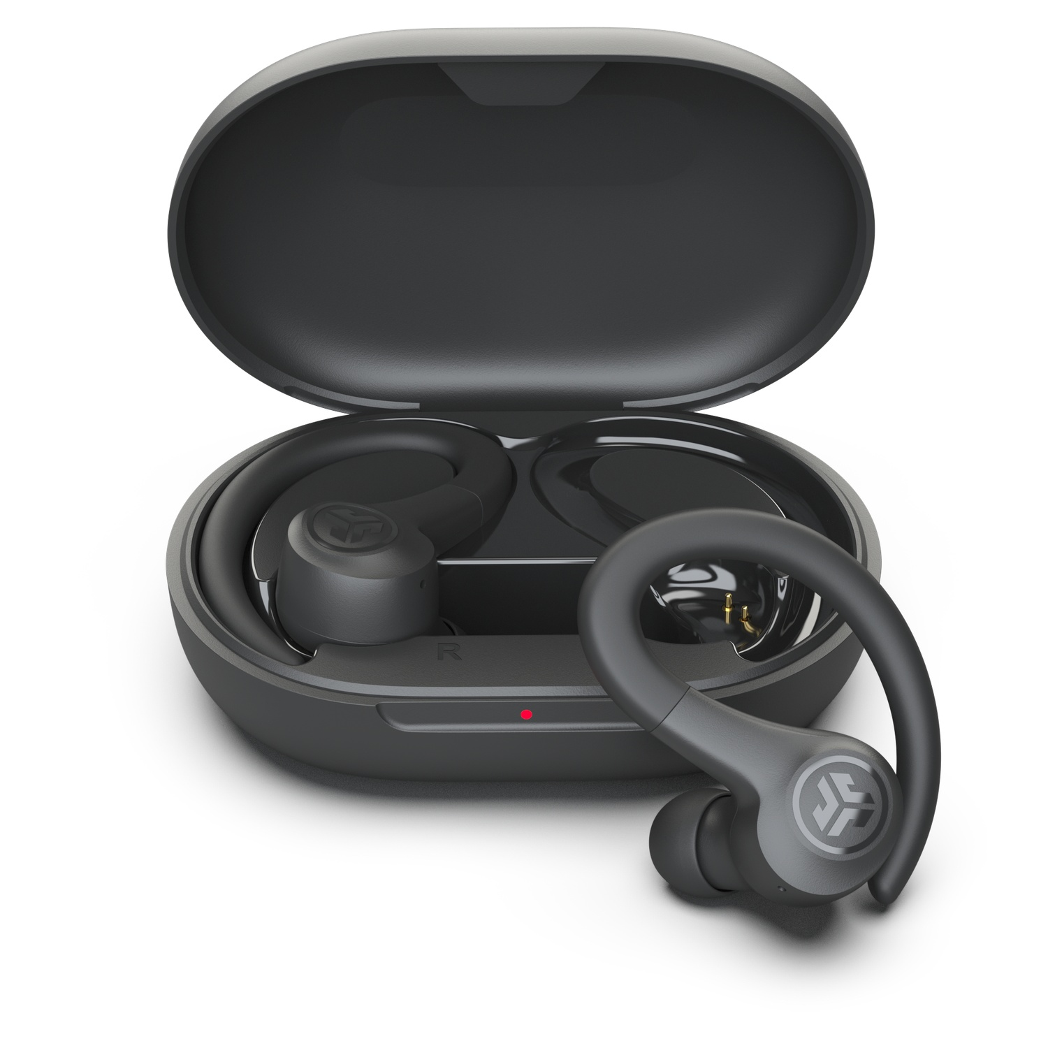 Dark wireless earbuds in an open charging case, one earbud is out.