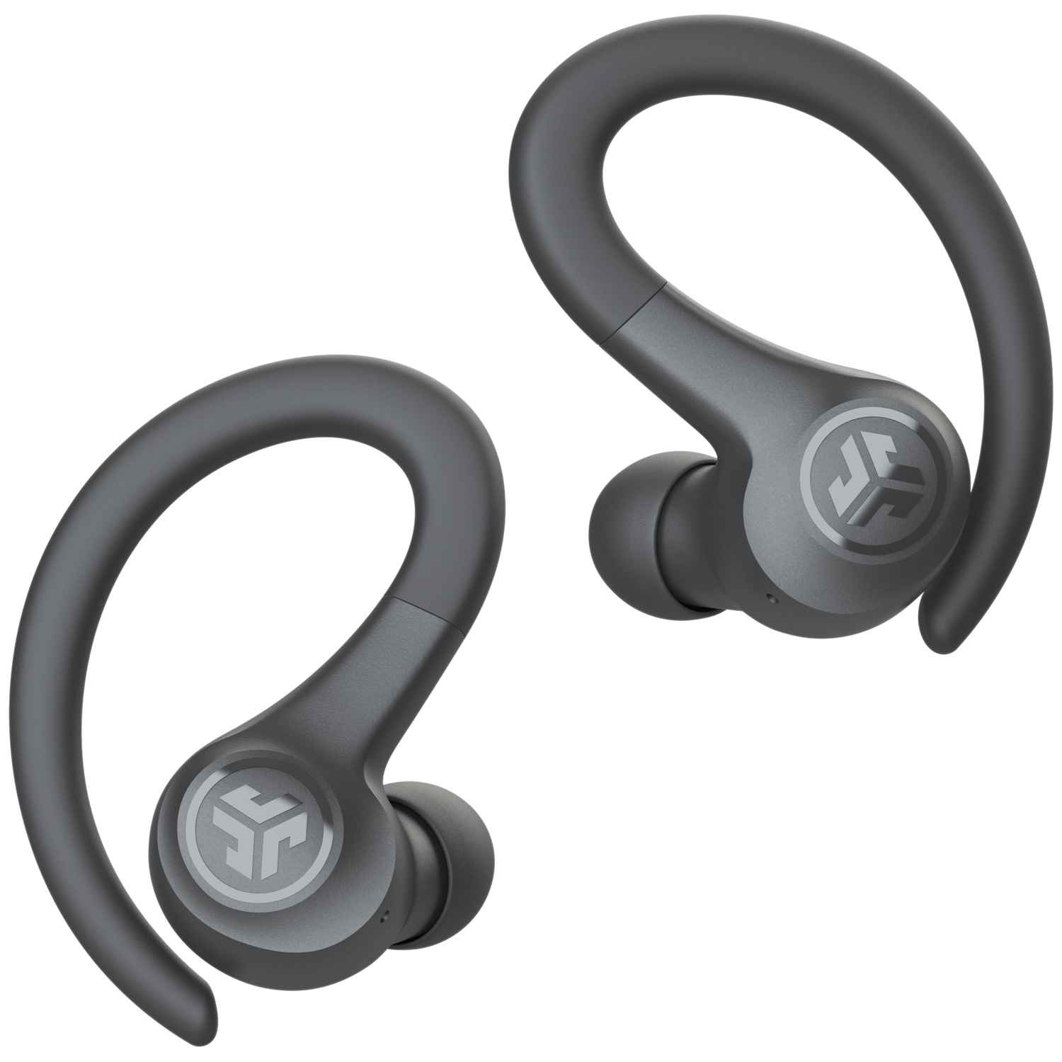 Two dark gray wireless earbuds with ear hooks and logos on a white background.
