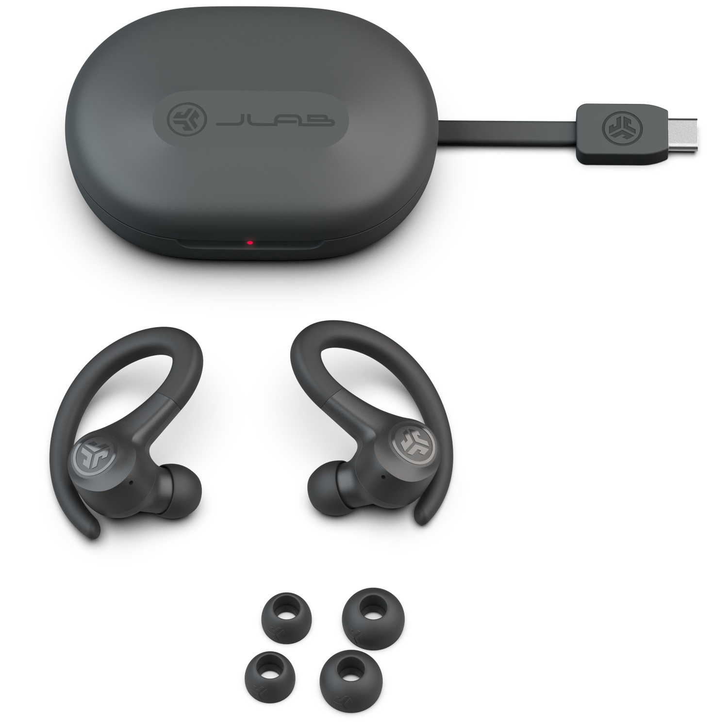 Black wireless earbuds with charging case and USB-C cable.