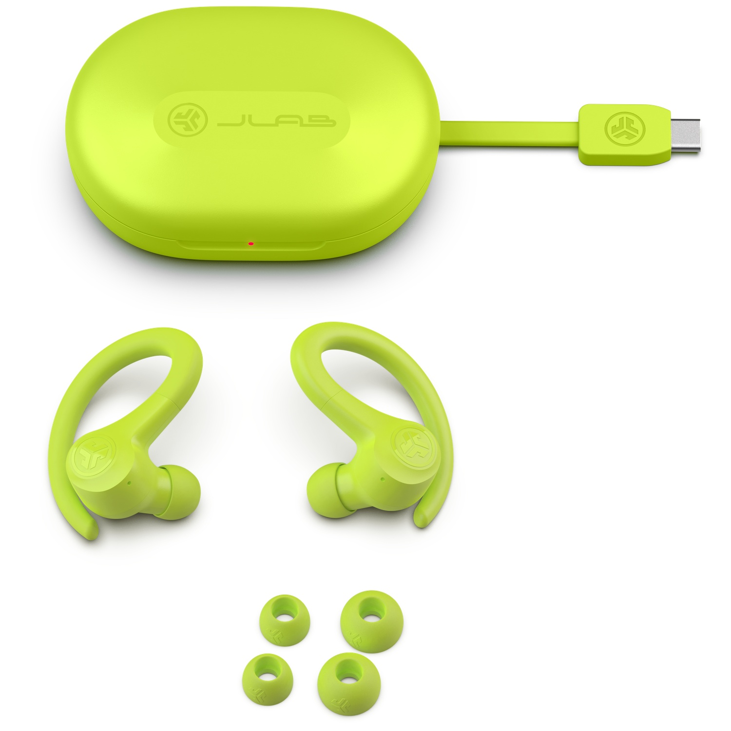 Neon-groene JLab oordopjes, oplaadcase met USB-C-kabel en extra oordopjes.