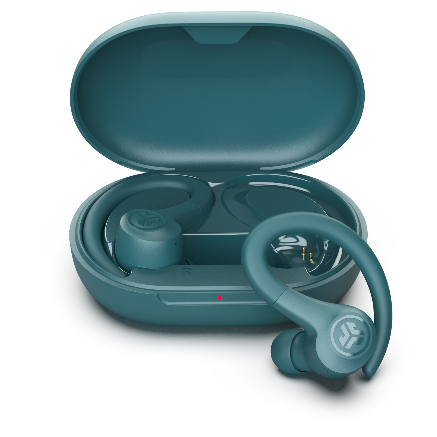 Turquoise draadloze oordopjes met oplaadcase. Eén oordopje is uit de case.