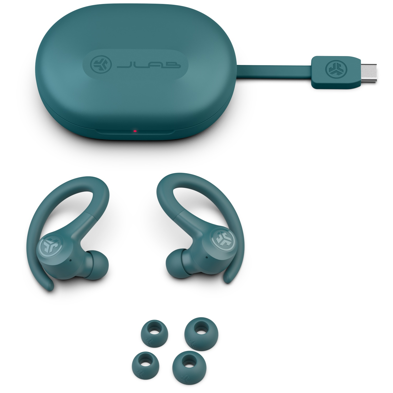 Turquoise JLab draadloze oordopjes, oplaadcase met USB-C kabel, oorstukjes.