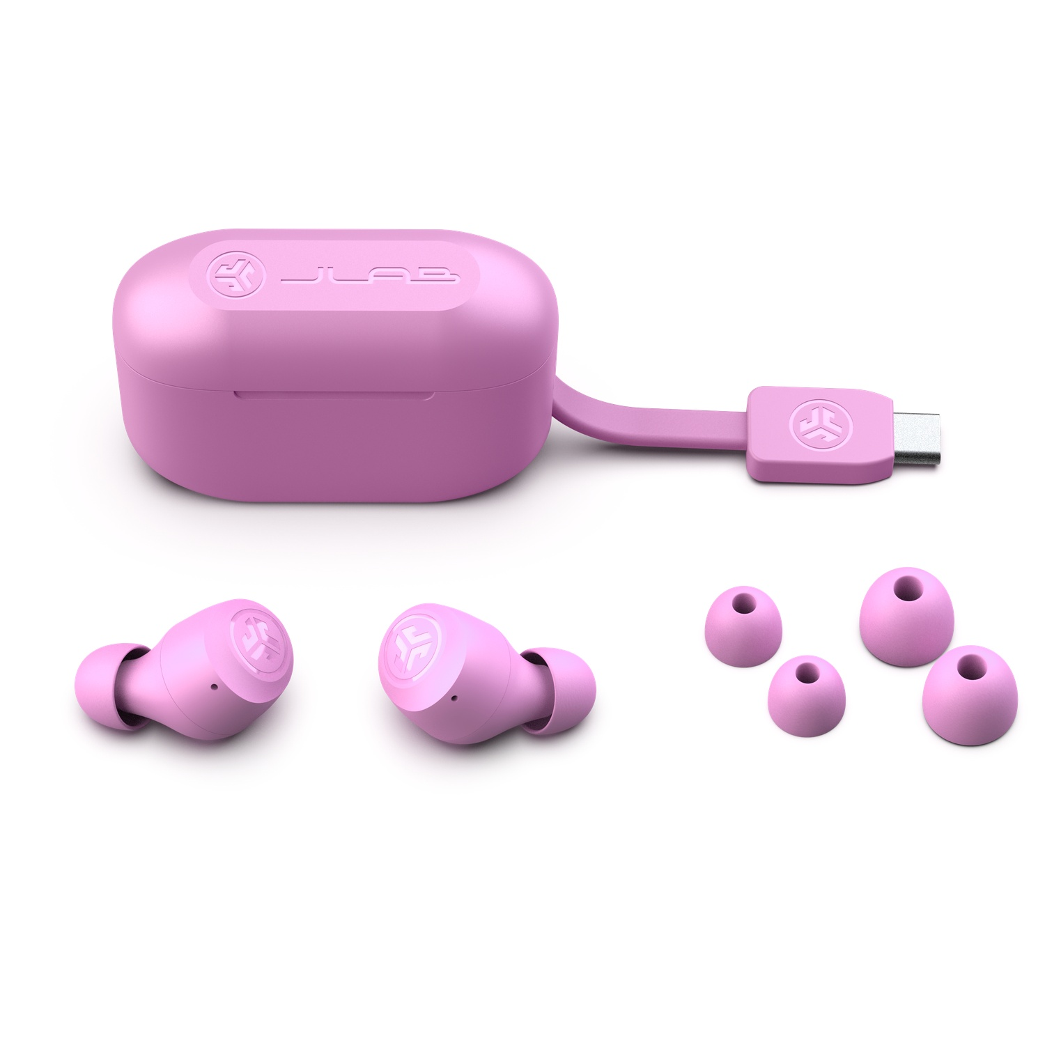 Étui de chargement rose avec écouteurs et embouts sur fond blanc.