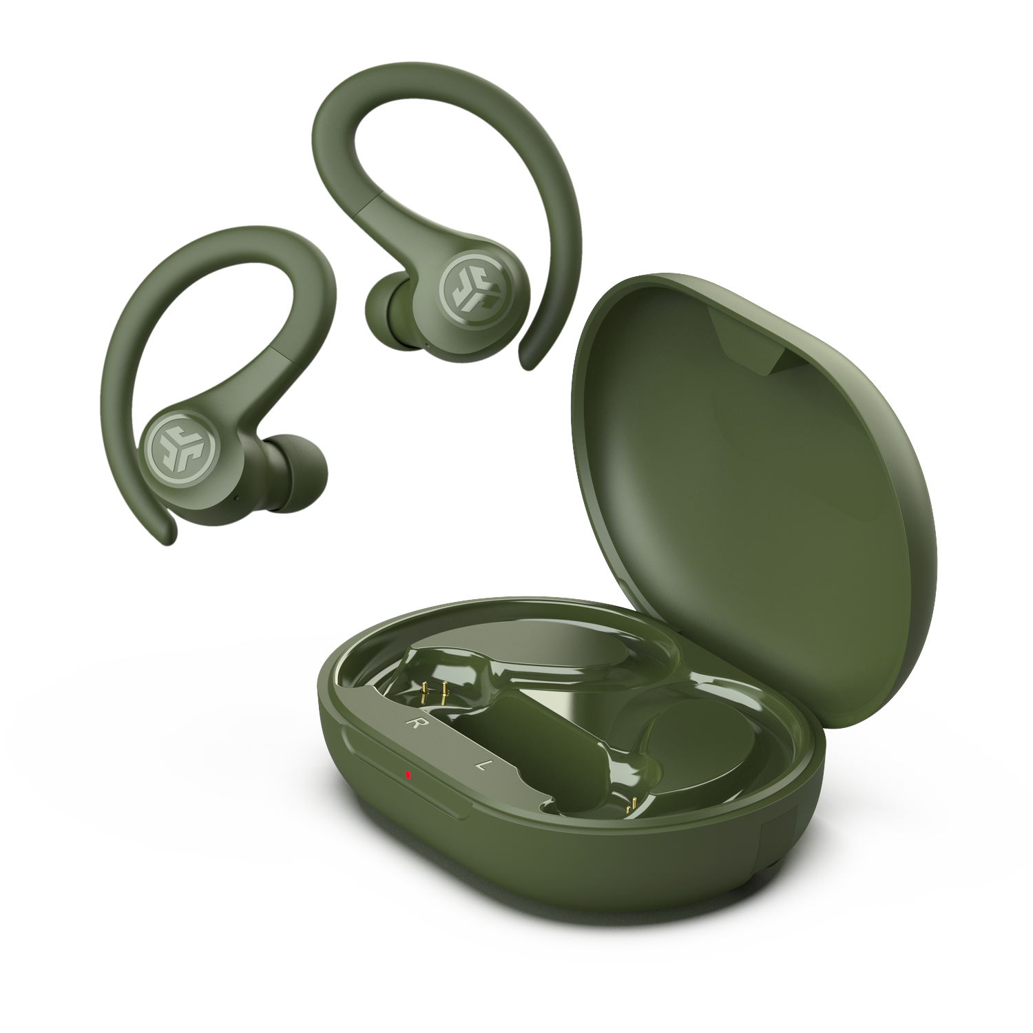 Groene draadloze oordopjes met oplaadcase, op zwarte achtergrond.