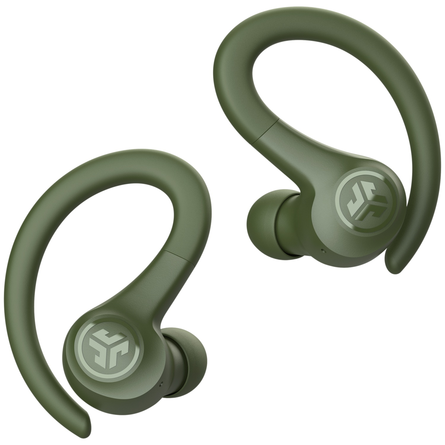 Twee groene draadloze oordopjes met oorhaken en logo op witte achtergrond.