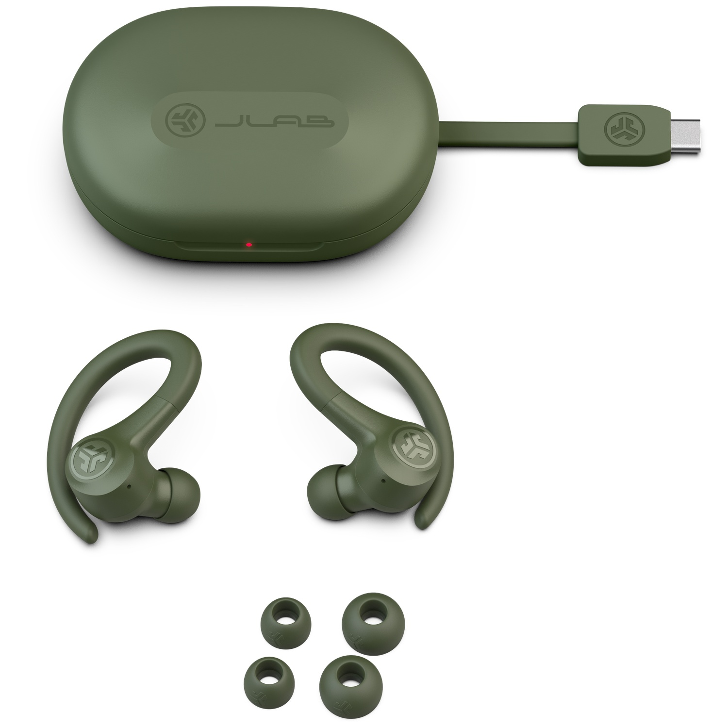 Groene oplaadcase met oordopjes en oorstukjes.