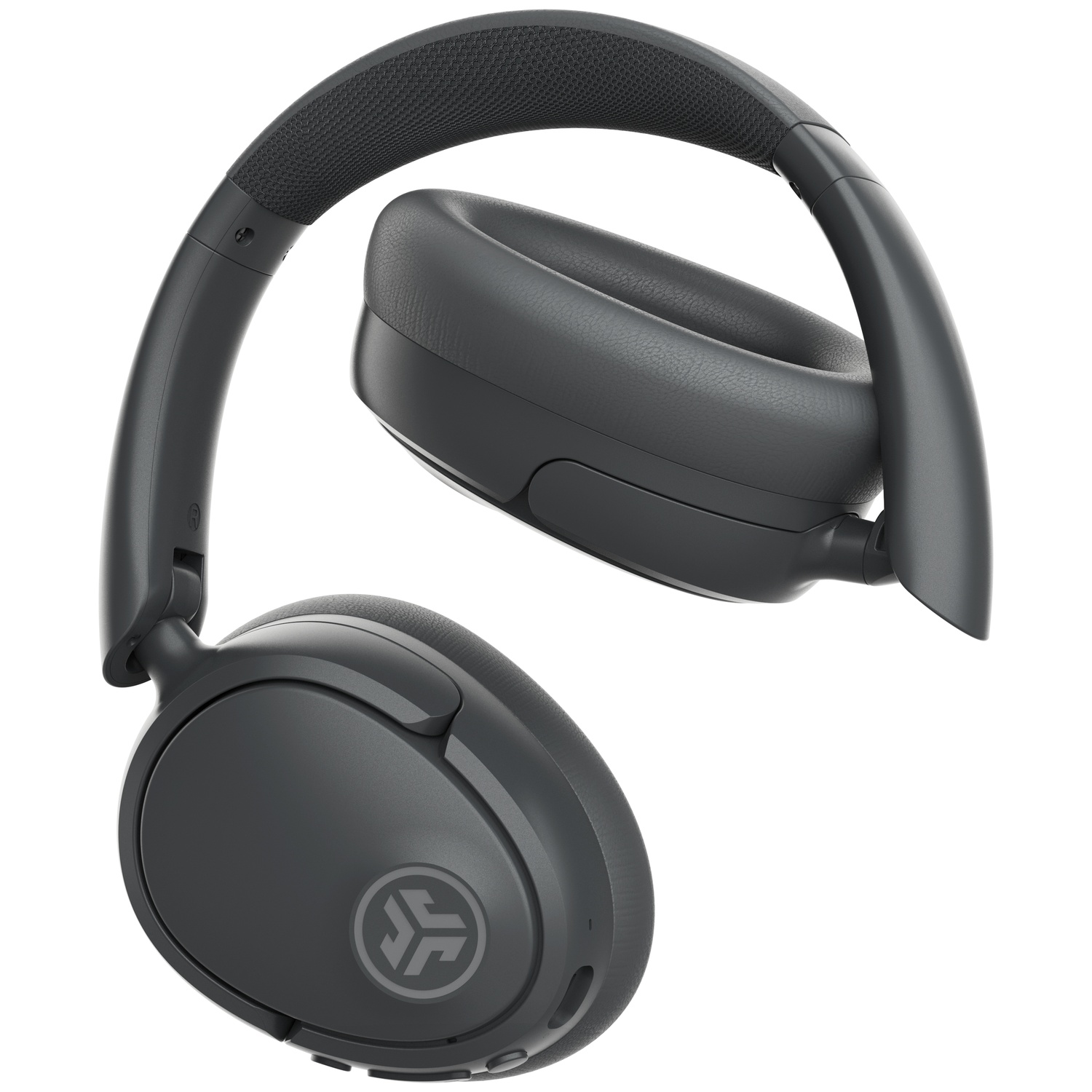 Casque gris foncé avec bandeau et oreillettes rembourrés. Logo visible.