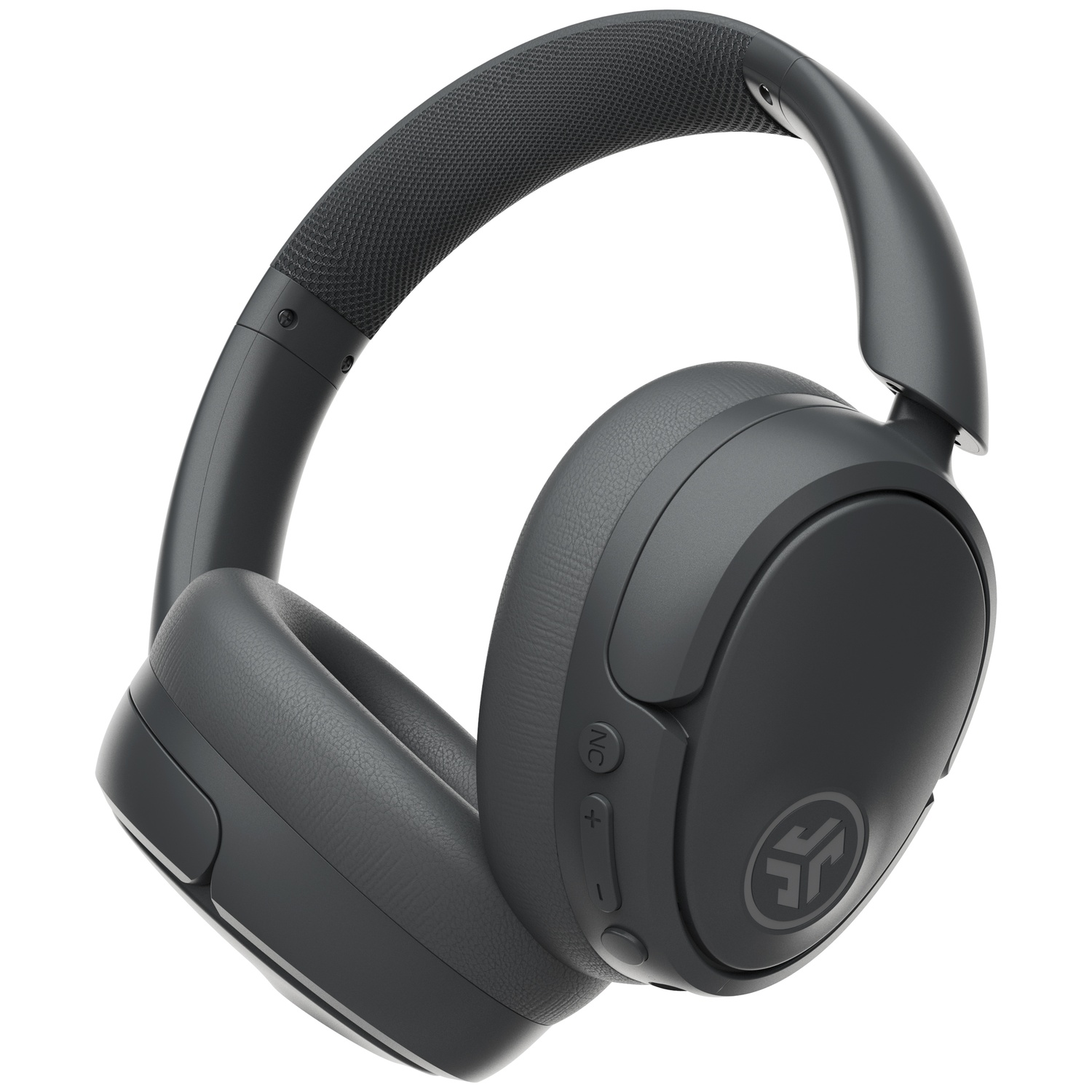 Casque circum-aural gris foncé avec arceau rembourré et logo.