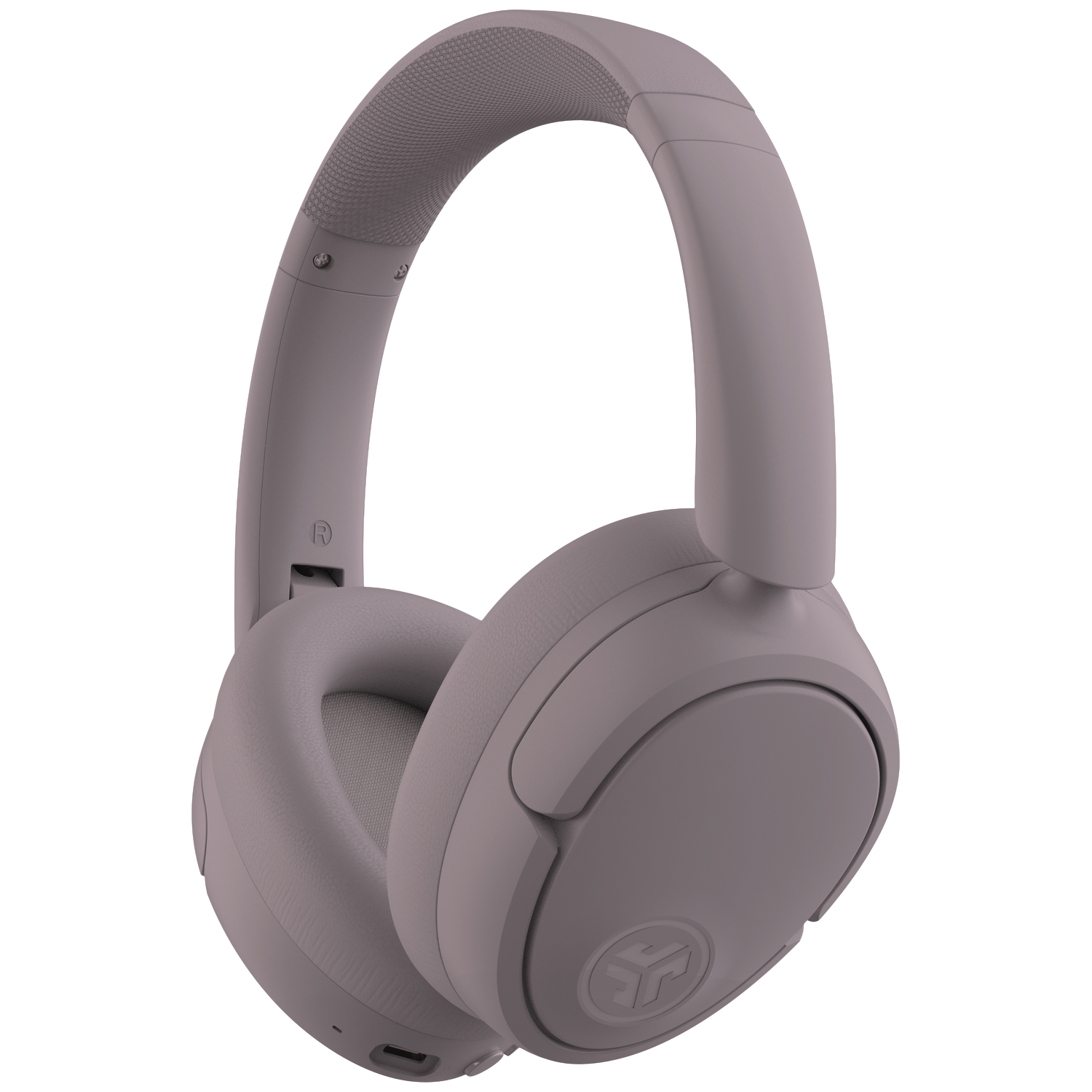 Grijze over-ear koptelefoon met gewatteerde hoofdband en oorkussens op zwarte achtergrond.