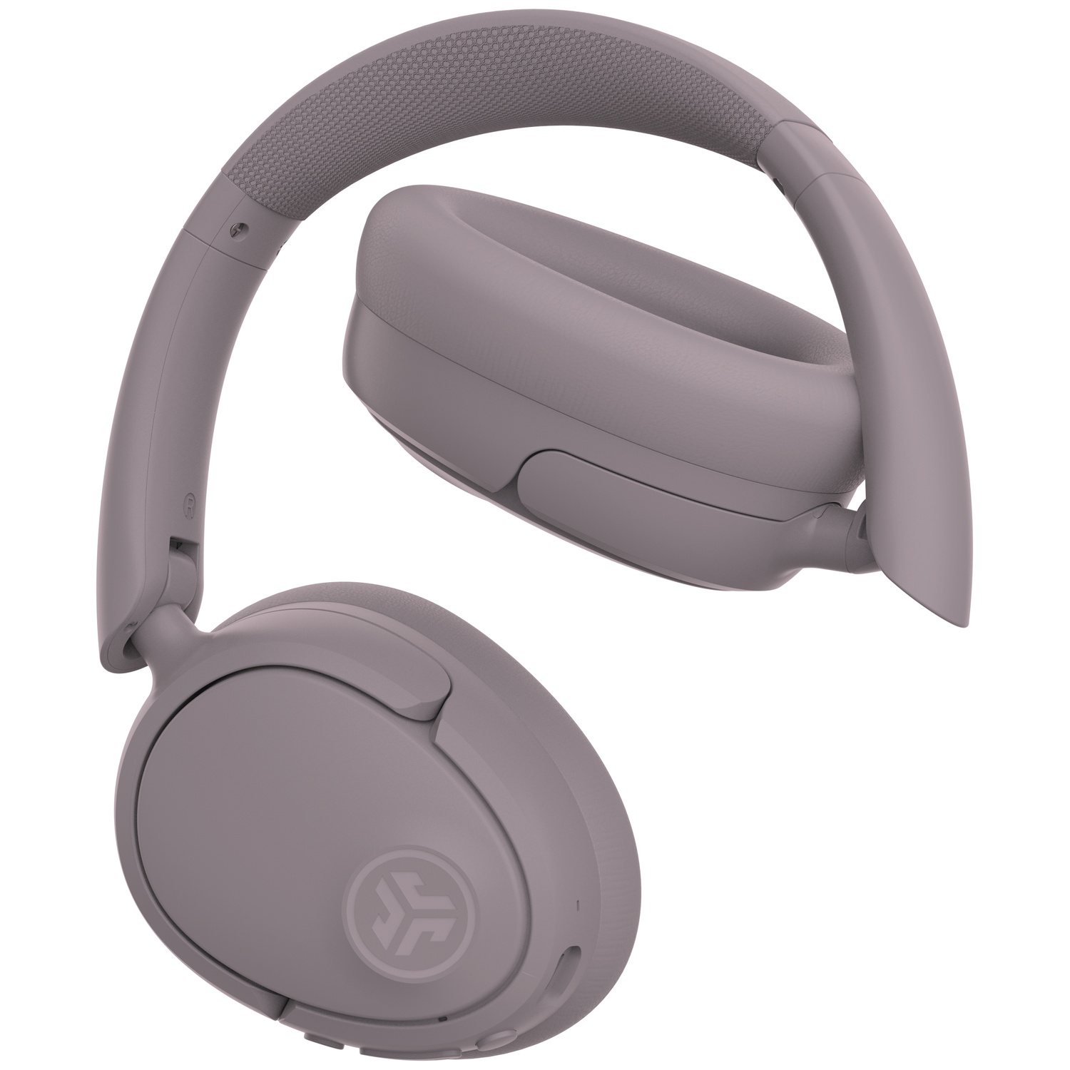Grijze over-ear koptelefoon met gewatteerde hoofdband en oorkappen, op witte achtergrond.