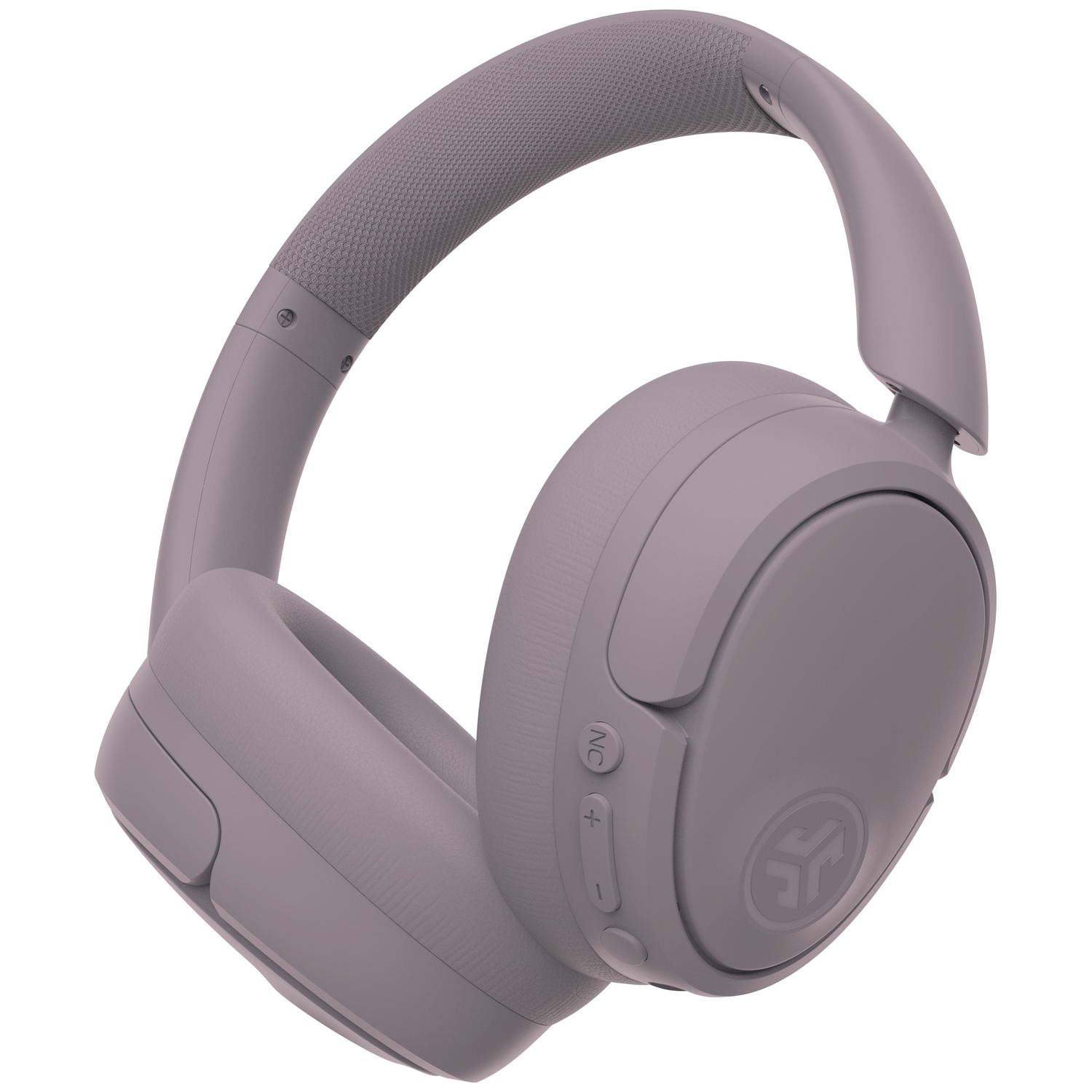 Een grijze over-ear koptelefoon met een getextureerde hoofdband en subtiele branding op de oorschelpen.