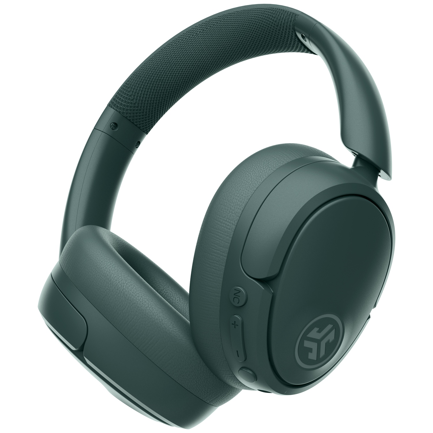 Donkergroene over-ear koptelefoon met gewatteerde hoofdband en logo.