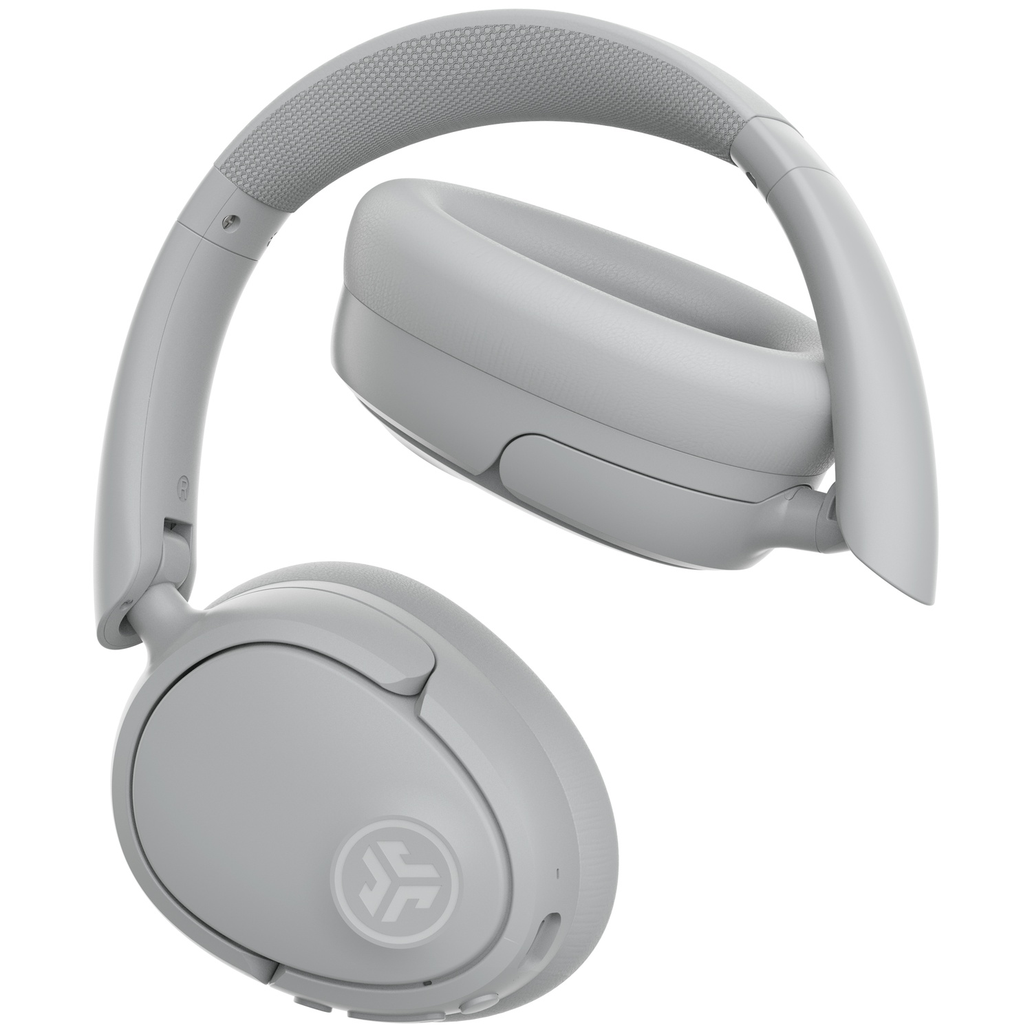 Grijze over-ear koptelefoon met gewatteerde hoofdband en oorkussens, witte achtergrond.