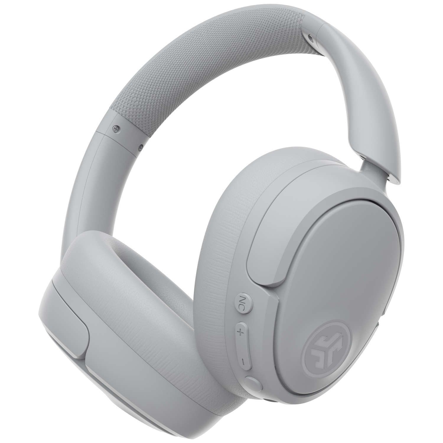 Grijze over-ear koptelefoon met gewatteerde hoofdband en oorschelpen met knoppen.
