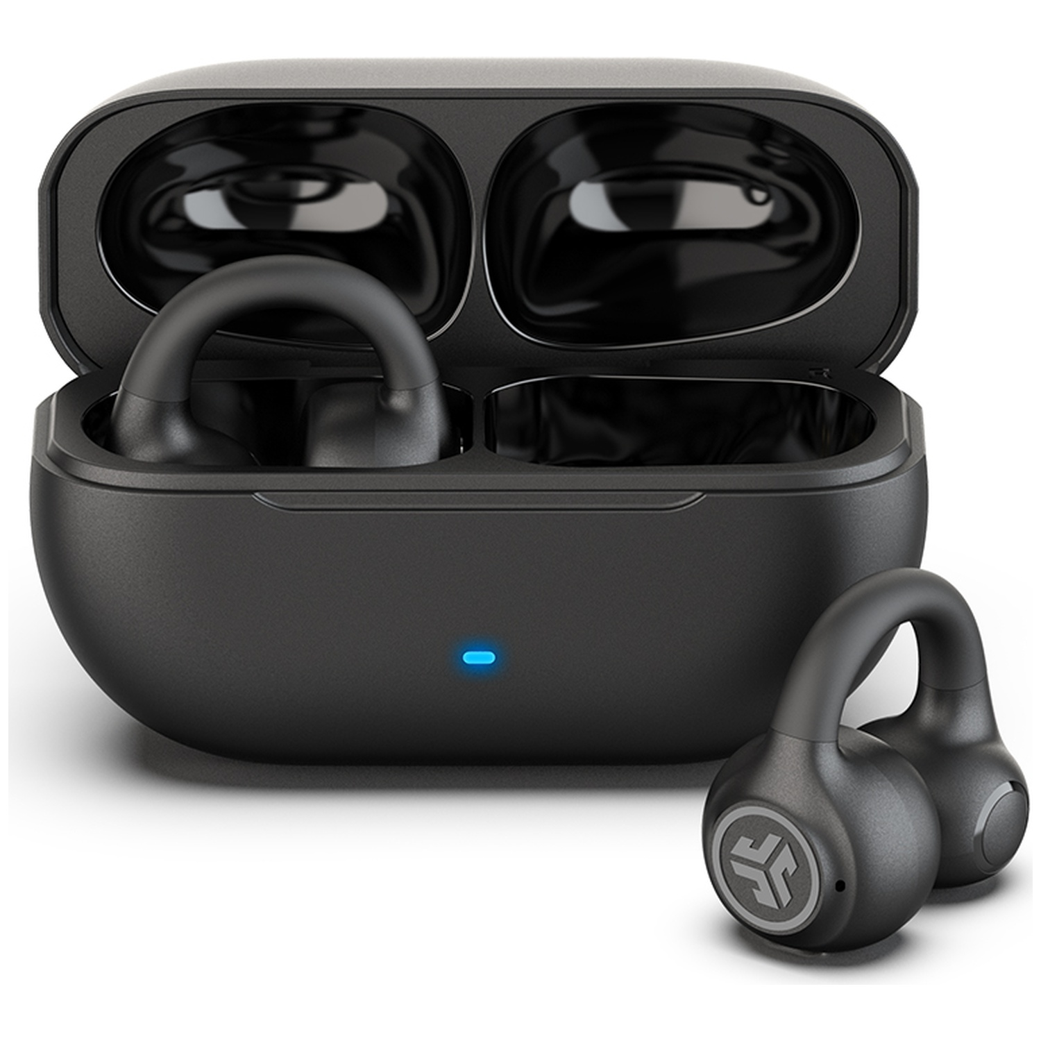 Black charging case with lid open, revealing two earbuds inside. 