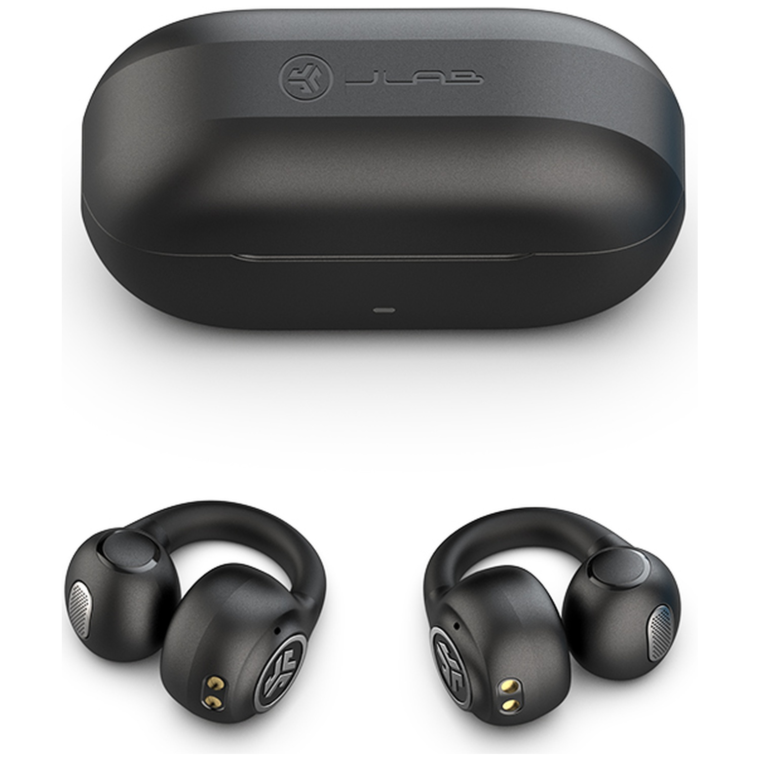 Black charging case with two black earbuds next to it.