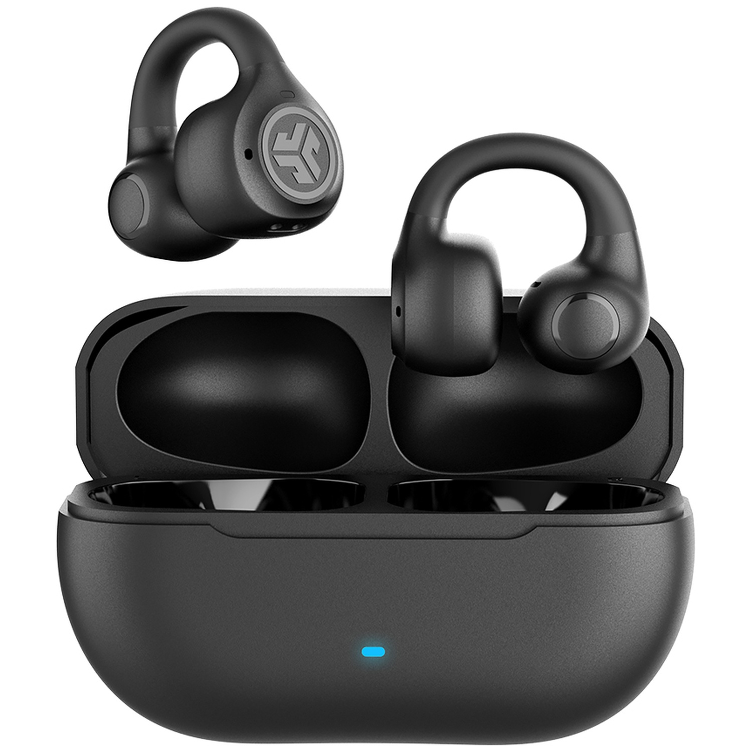 Black wireless earbuds with charging case, one earbud above, one in case.