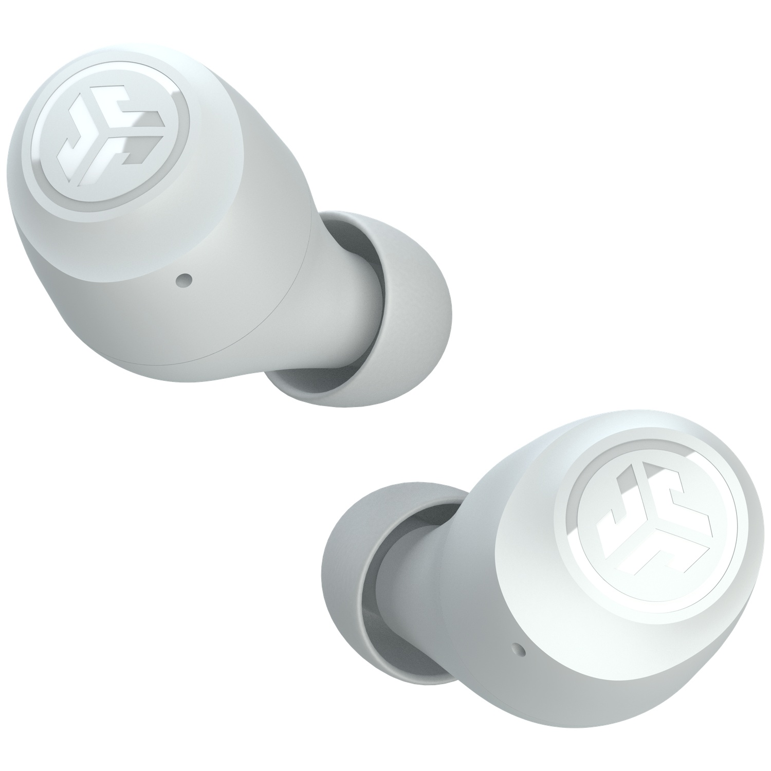 Two white wireless earbuds with a logo are shown against a white background.