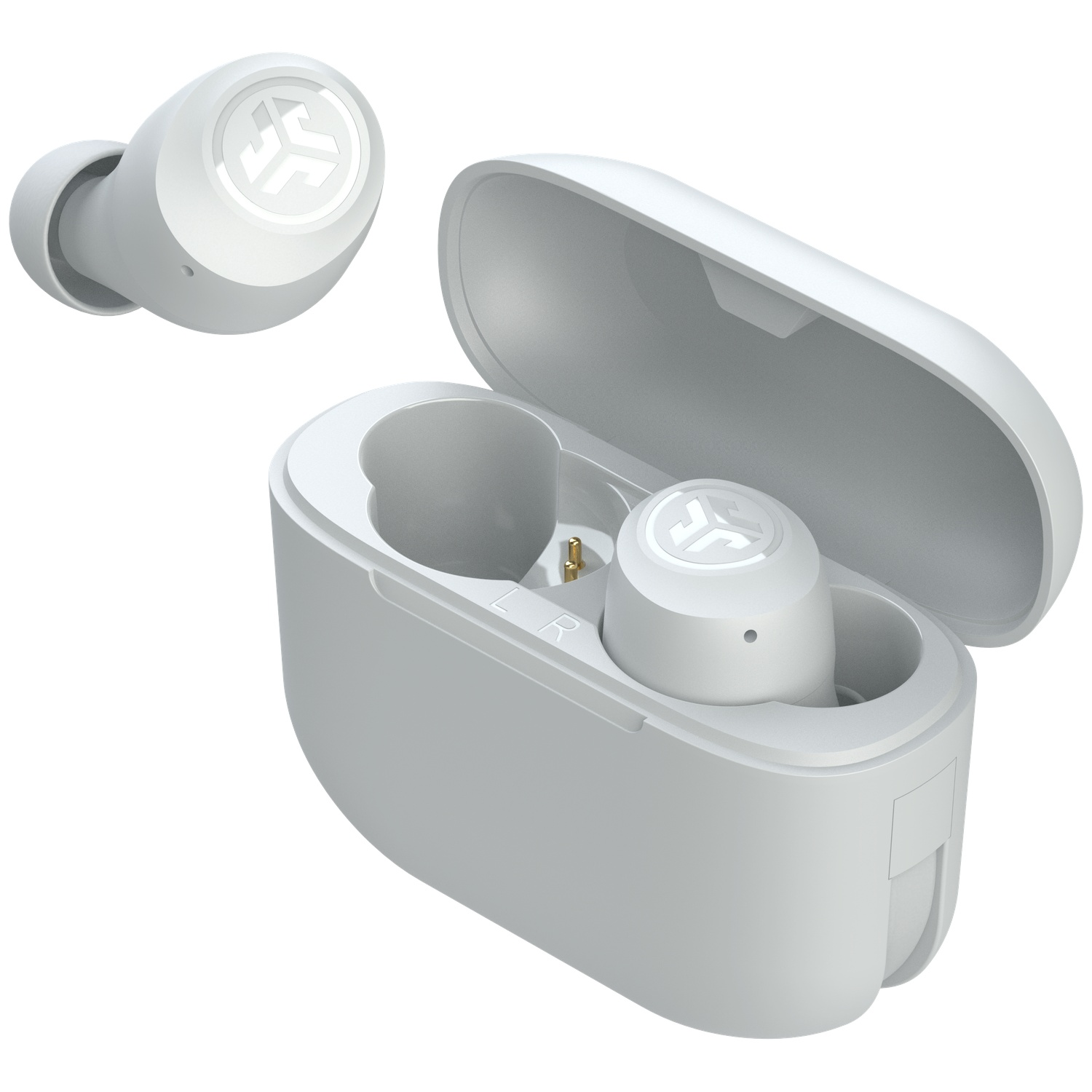 White wireless earbuds in an open charging case.