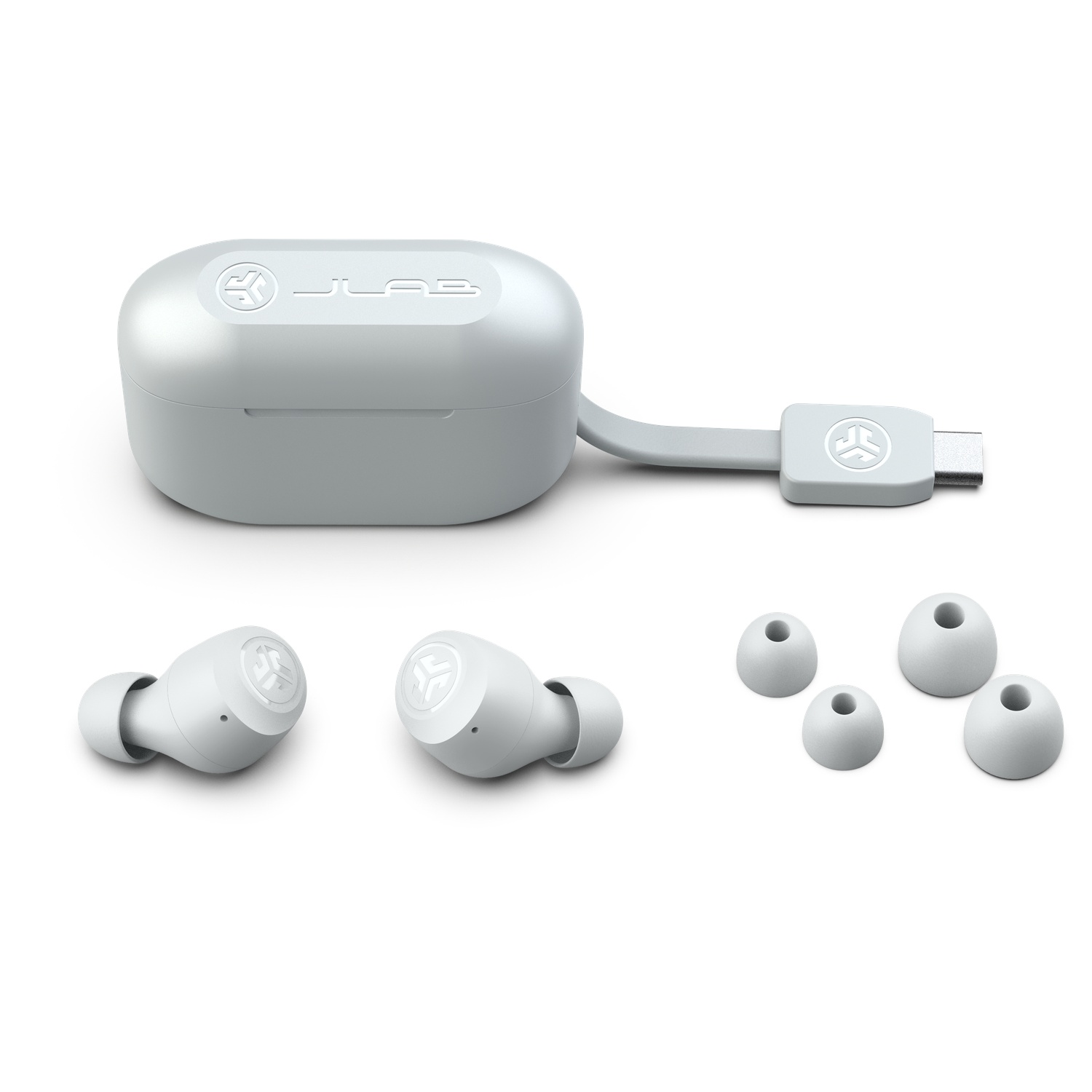 A gray charging case with earbuds and ear tips on a white background.