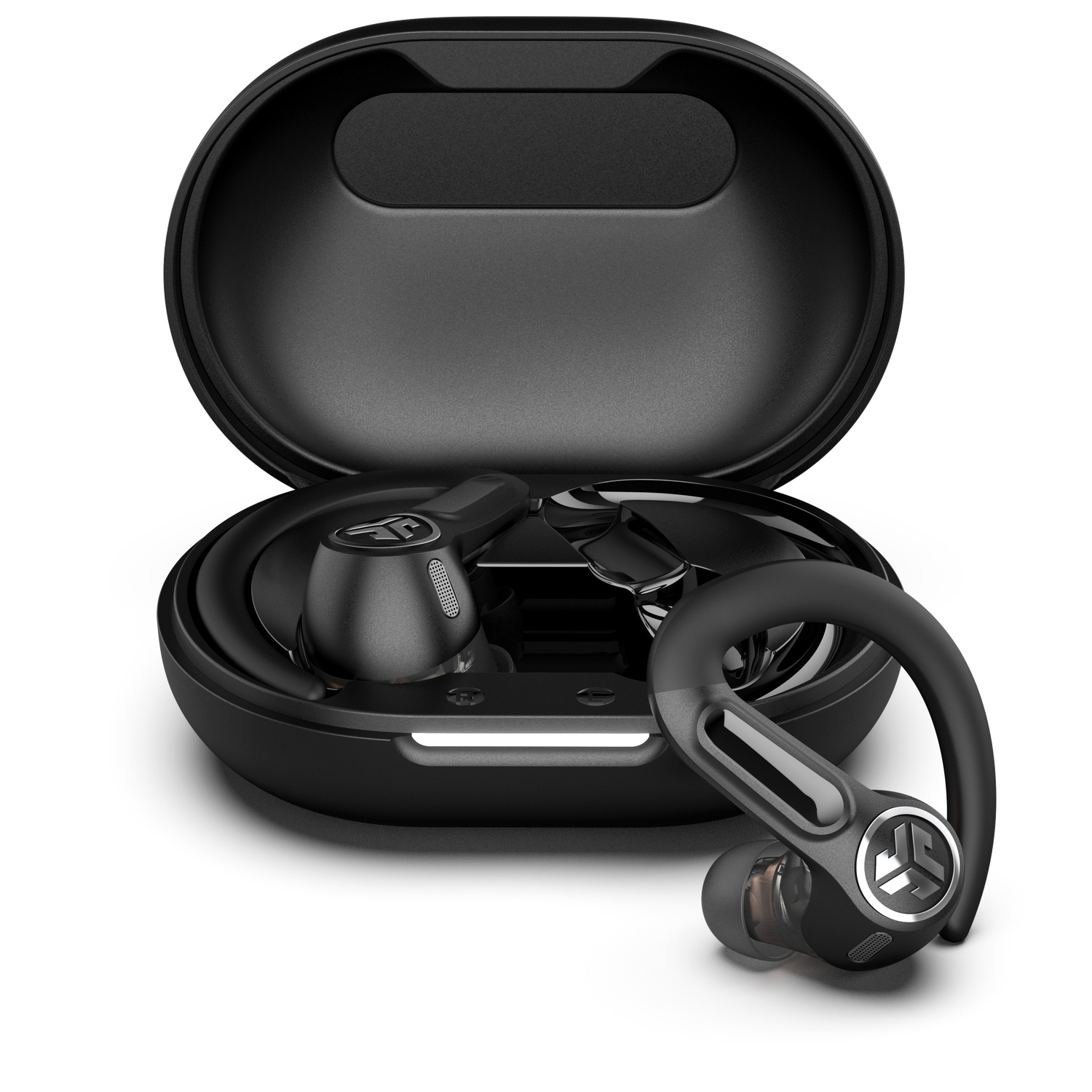 Black wireless earbuds with charging case, one earbud is out.