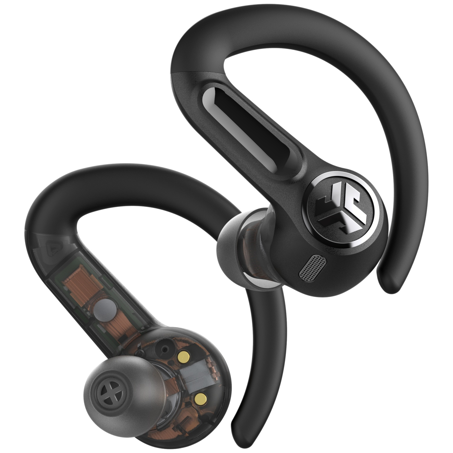 Black wireless earbuds with transparent casing showing visible electronics.