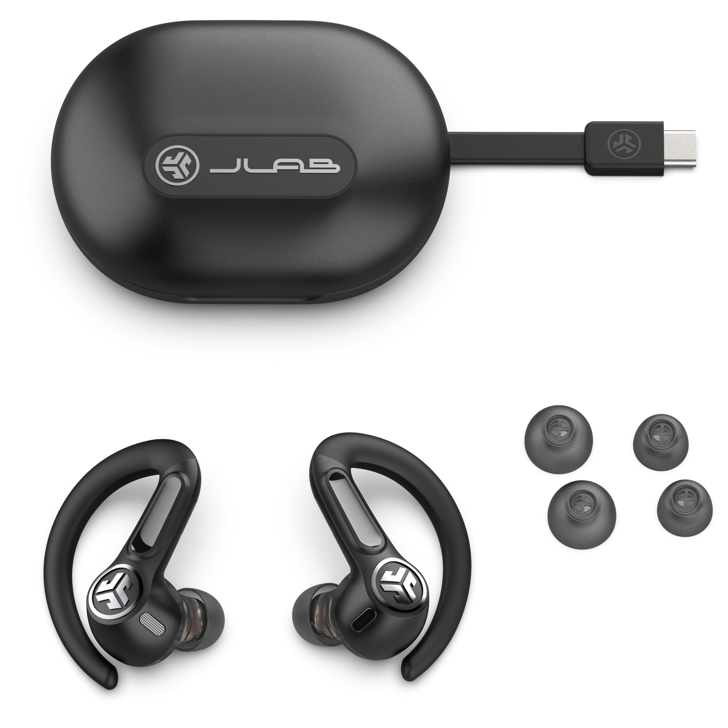 Black JLab earbuds, charging case with USB-C cable, and four ear tips on white background.