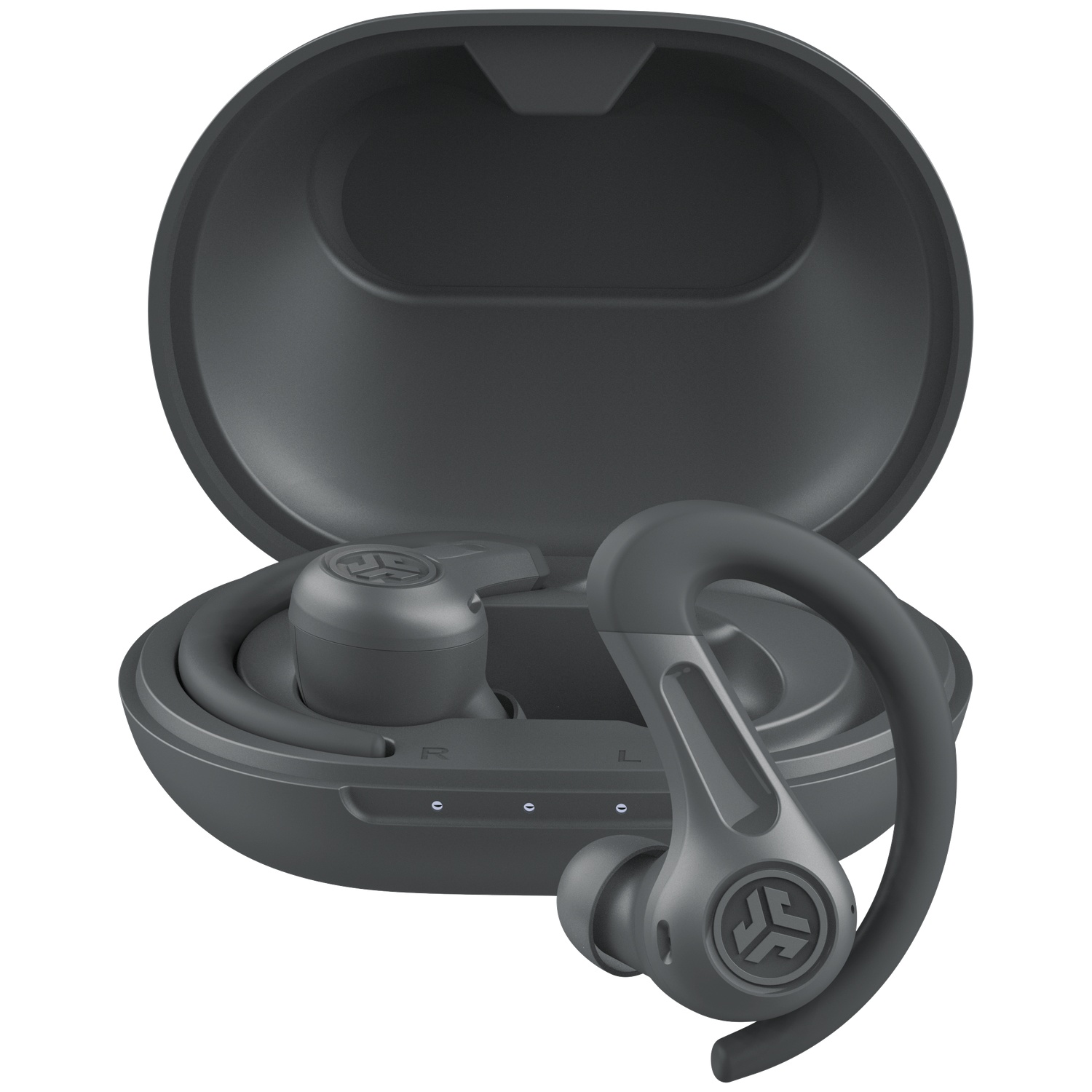Dark grey wireless earbuds with charging case. One earbud is in the case, the other is out.