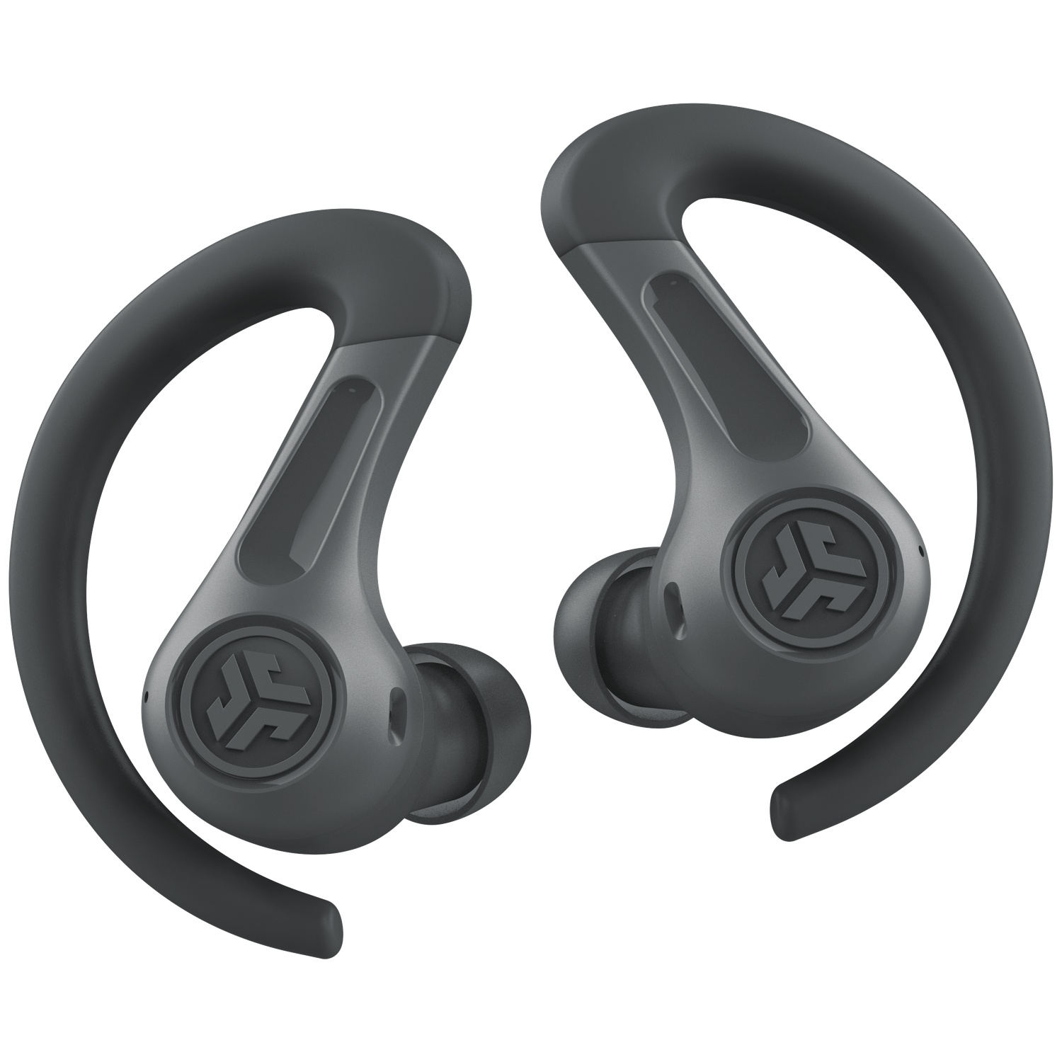 A pair of dark wireless earbuds with ear hooks for a secure fit.