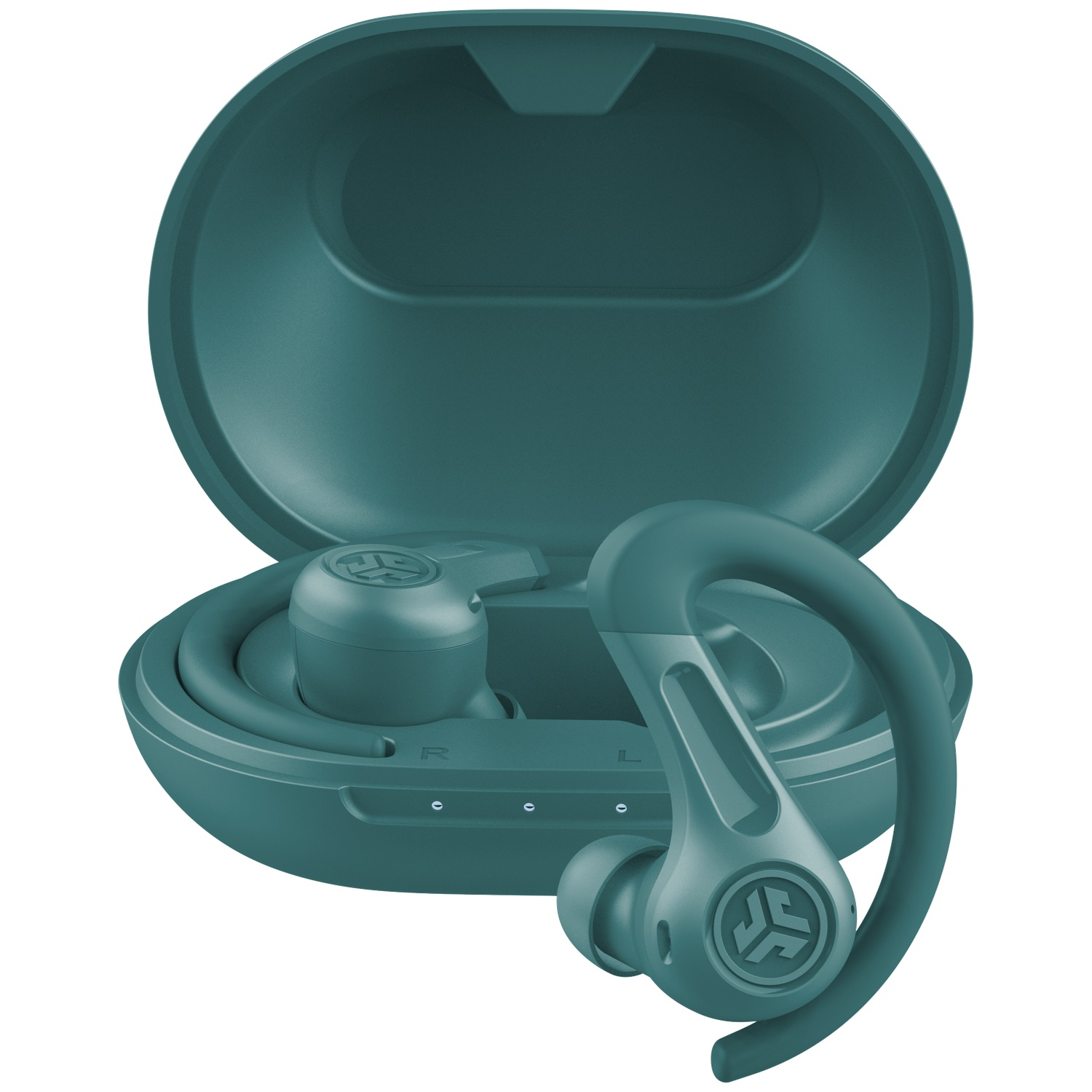 Teal charging case with two wireless earbuds, one inside.