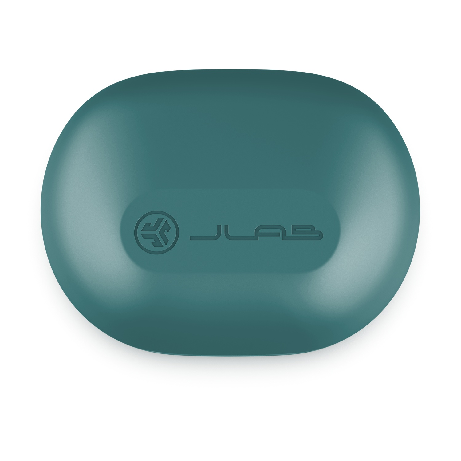 A teal-colored charging case for earbuds with the JLab logo.