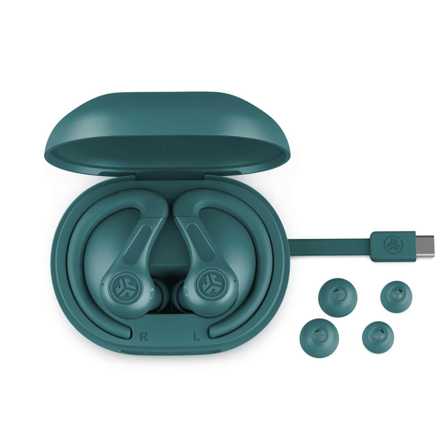 Teal earbuds in open charging case with USB-C cable and extra ear tips.