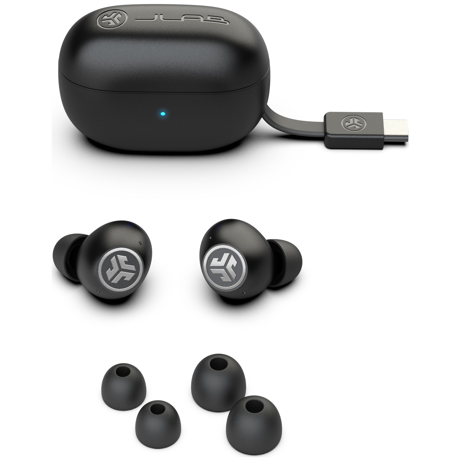 Zwarte oplaadcase met oordopjes en reserve-oordopjes, USB-C-kabel.